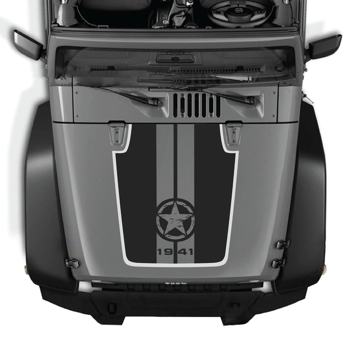 CarCode hood decal for Jeep Wrangler JK/JKU 2007-2018, style #92, shown on the vehicle's hood in black with a sleek design.