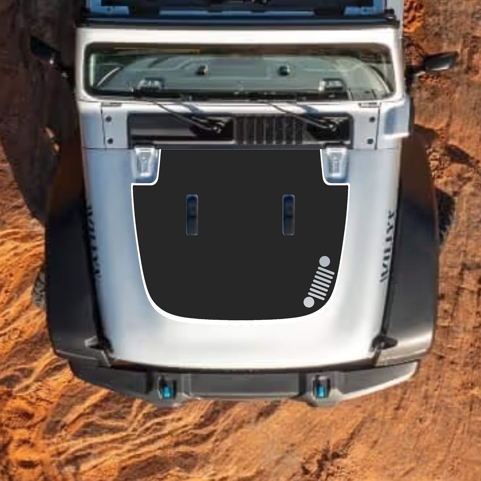 CarCode hood decal for Jeep Wrangler JL JLU and Gladiator JT, stylish 2018+ standard hood graphic in black with bold design.
