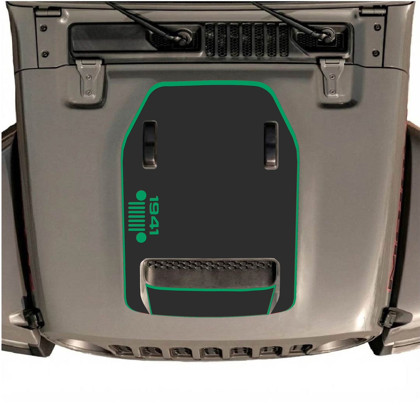 Jeep Wrangler JL/JLU Rubicon 392 or Gladiator Mojave hood decal by CarCode, style #51, with bold black and silver design.