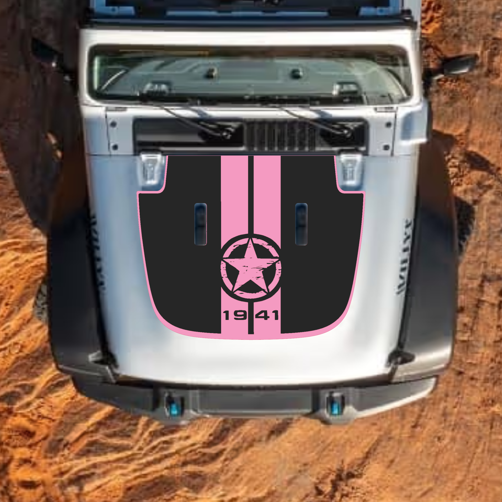 CarCode hood decal for Jeep Wrangler JL, JLU, Gladiator JT, 2018+ style, black graphic on standard hood