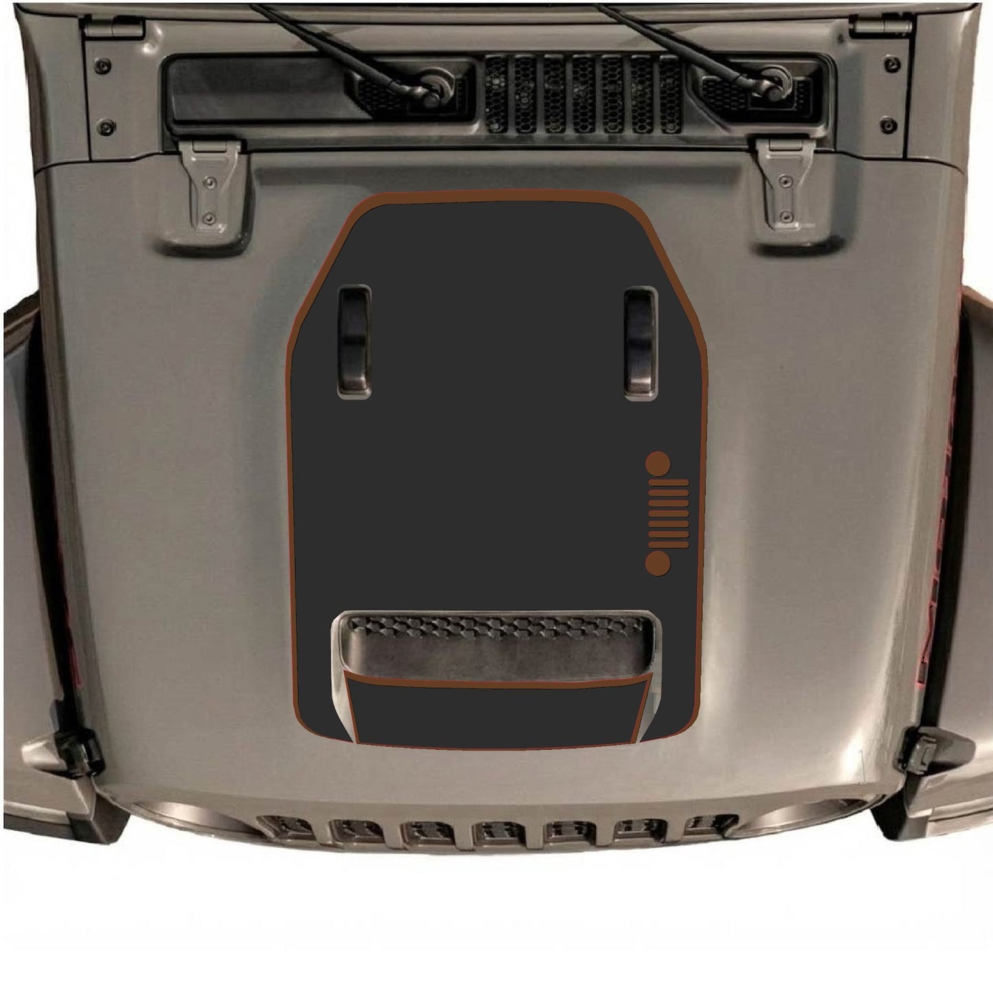 CarCode hood decal for Jeep Wrangler JL/JLU Rubicon 392 and JT Gladiator Mojave, style #57, matte black design on vehicle hood