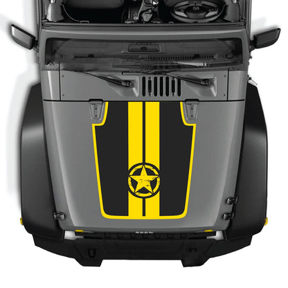 CarCode Jeep Wrangler JK/JKU hood decal Style #42 in black, featuring bold graphic design on a 2007-2018 model.