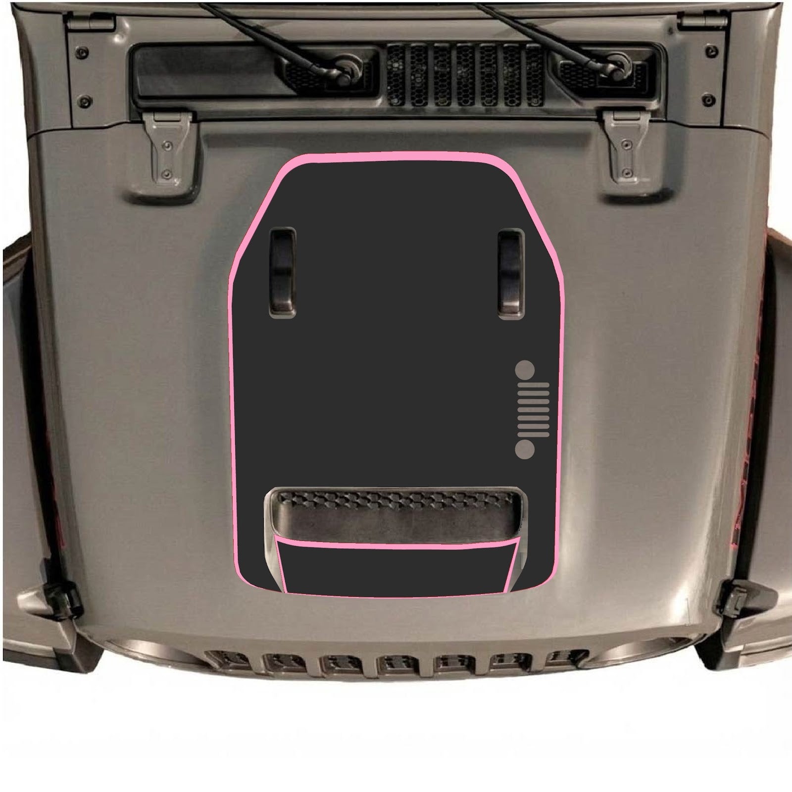 Black hood decal for Jeep Wrangler JL/JLU Rubicon 392 and JT Gladiator Mojave by CarCode, style #97, on a vehicle hood.