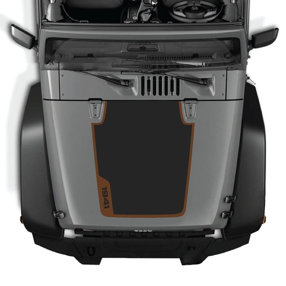 CarCode hood decal for Jeep Wrangler JK/JKU 2007-2018, Style #38, black and gray graphic design on vehicle's hood.