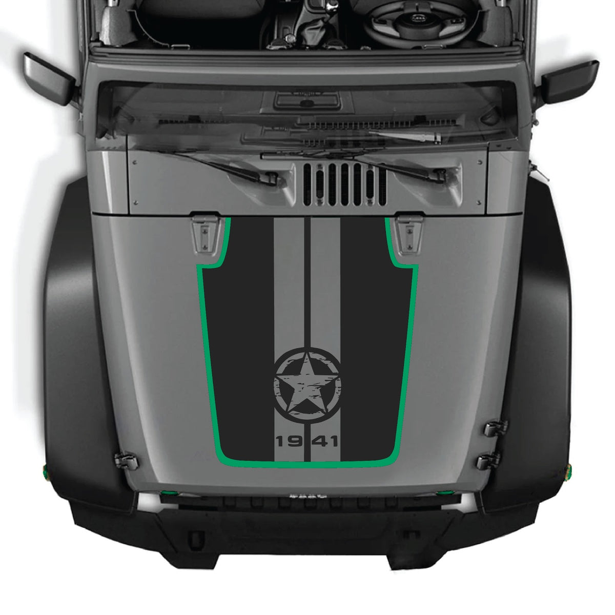 Jeep Wrangler JK/JKU hood decal by CarCode, style #92, black and white graphic design on vehicle's hood for 2007-2018 models.