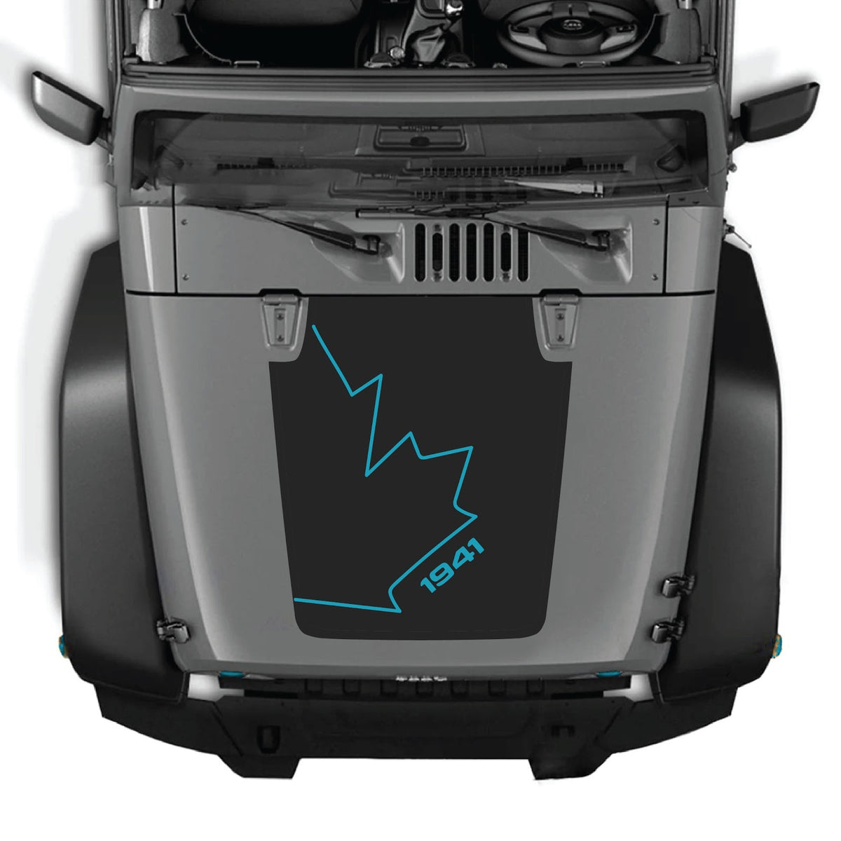 CarCode Jeep Wrangler JK/JKU hood decal, style #08, black and white graphic design on the vehicle's hood for 2007-2018 models
