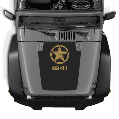 CarCode hood decal for Jeep Wrangler JK/JKU 2007-2018, style #46, shown installed on vehicle hood in black and gray design.