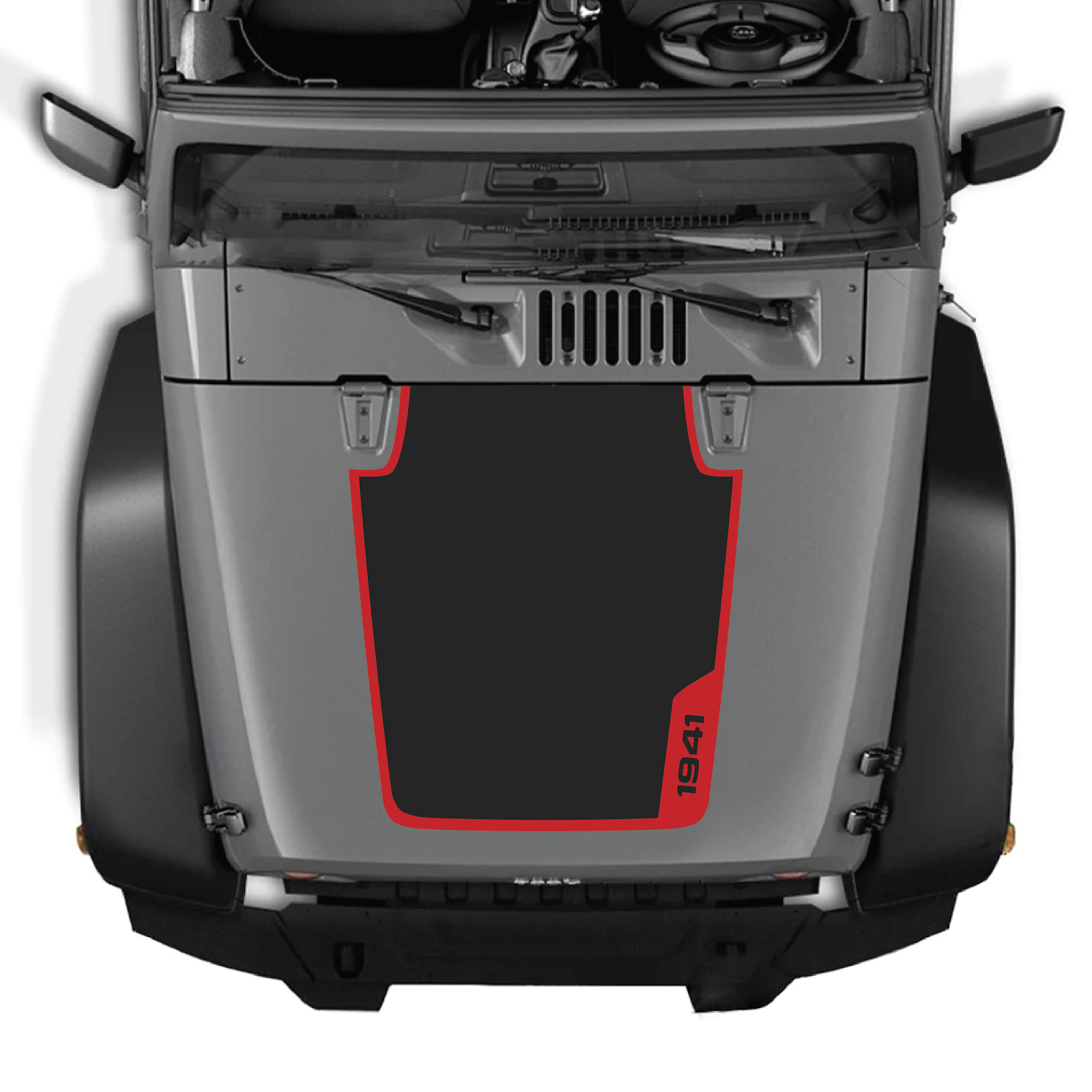 CarCode hood decal for Jeep Wrangler JK/JKU 2007-2018, style #36, featuring bold black and white graphic design on the hood.