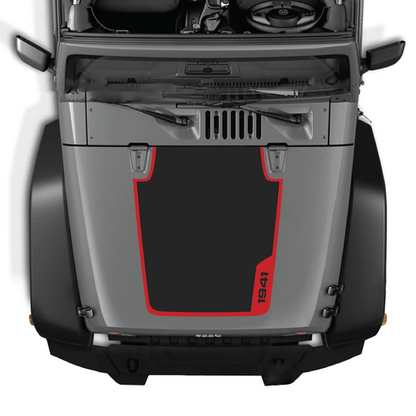 CarCode hood decal for Jeep Wrangler JK/JKU 2007-2018, style #36, featuring bold black and white graphic design on the hood.