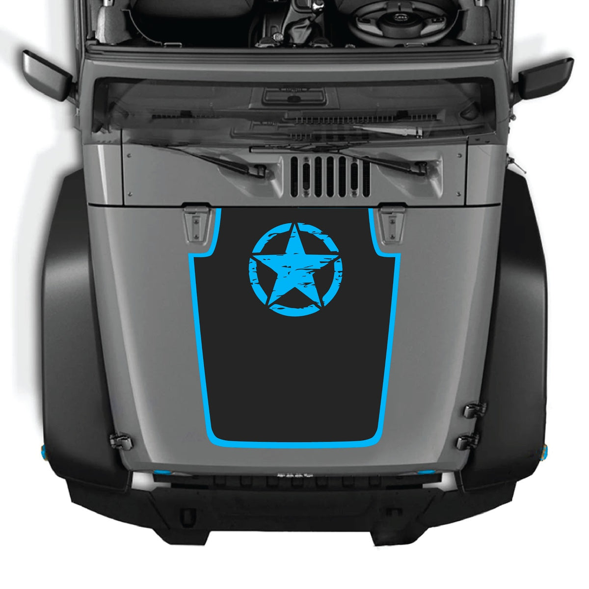CarCode hood decal for Jeep Wrangler JK/JKU 2007-2018, style #52, shown on the vehicle's hood in the image.