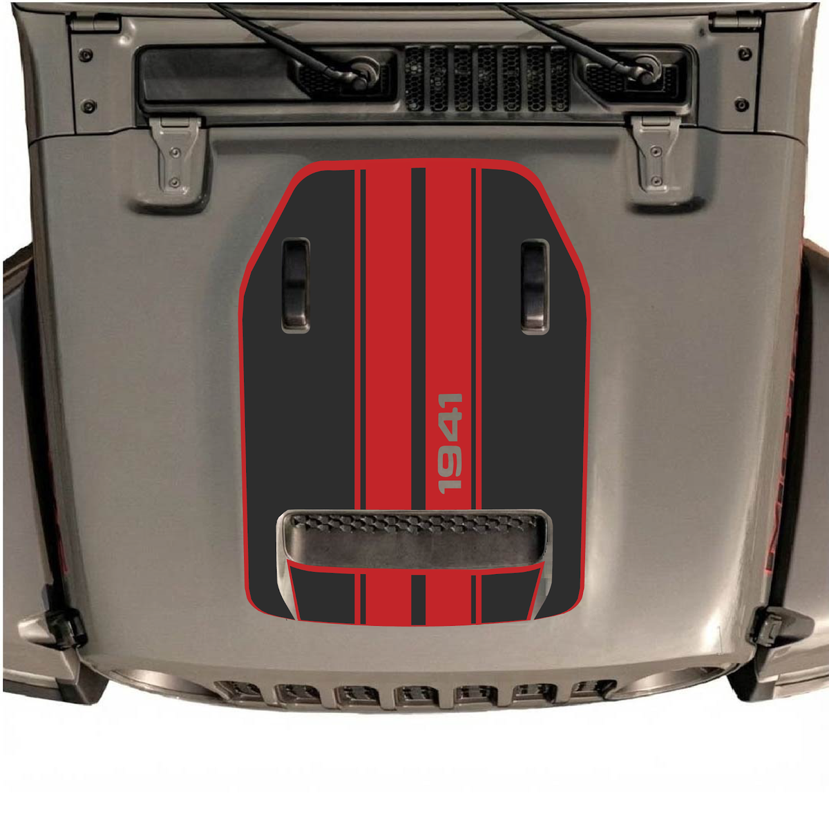 CarCode Jeep Wrangler JL/JLU Rubicon 392 and Gladiator Mojave hood decal, style #71, black and gray design on vehicle hood.