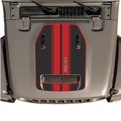 CarCode Jeep Wrangler JL/JLU Rubicon 392 and Gladiator Mojave hood decal, style #71, black and gray design on vehicle hood.