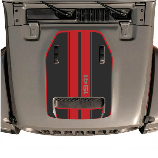 CarCode Jeep Wrangler JL/JLU Rubicon 392 and Gladiator Mojave hood decal, style #71, black and gray design on vehicle hood.