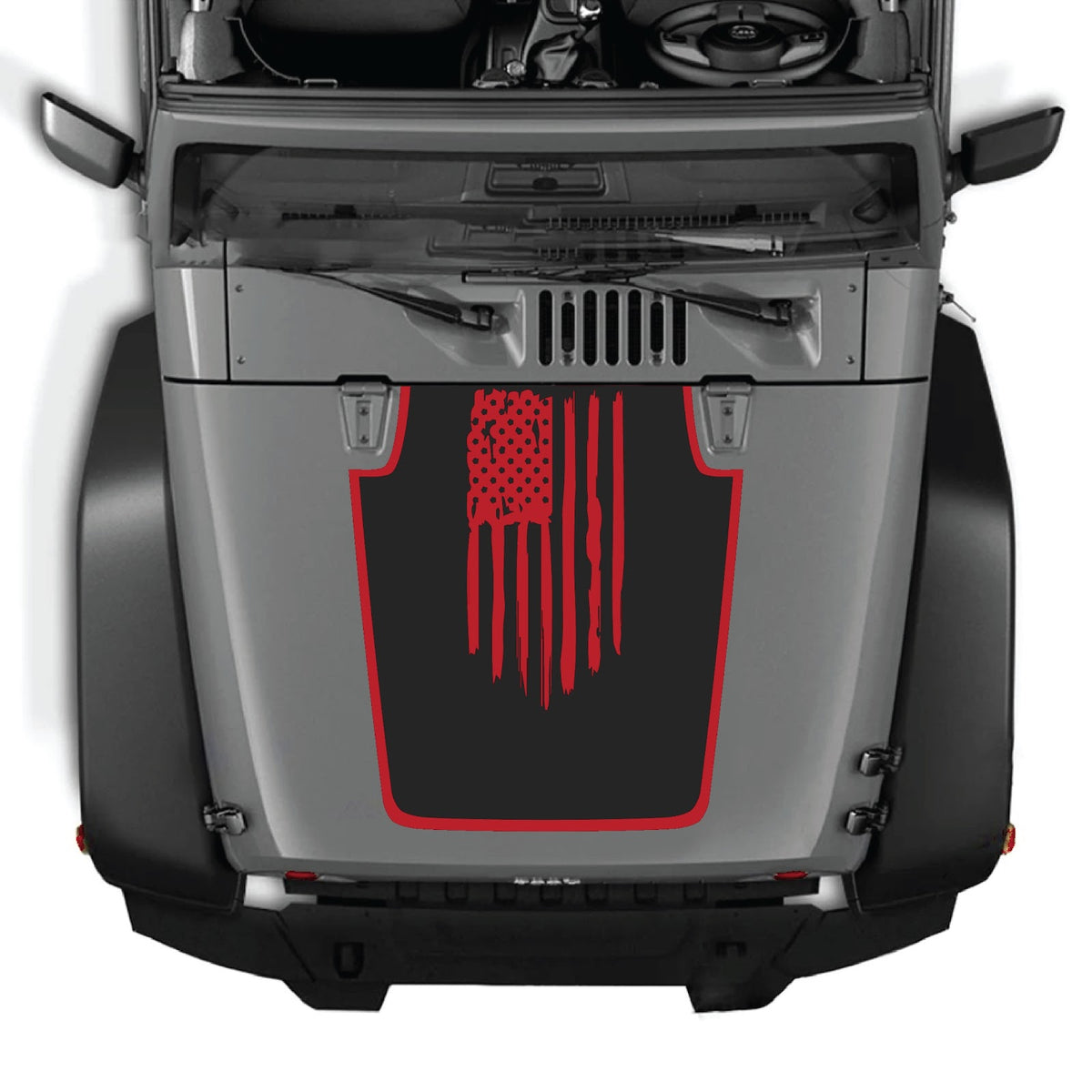 CarCode hood decal for Jeep Wrangler JK/JKU 2007-2018, style #05, shown applied to vehicle's hood in black and gray design.