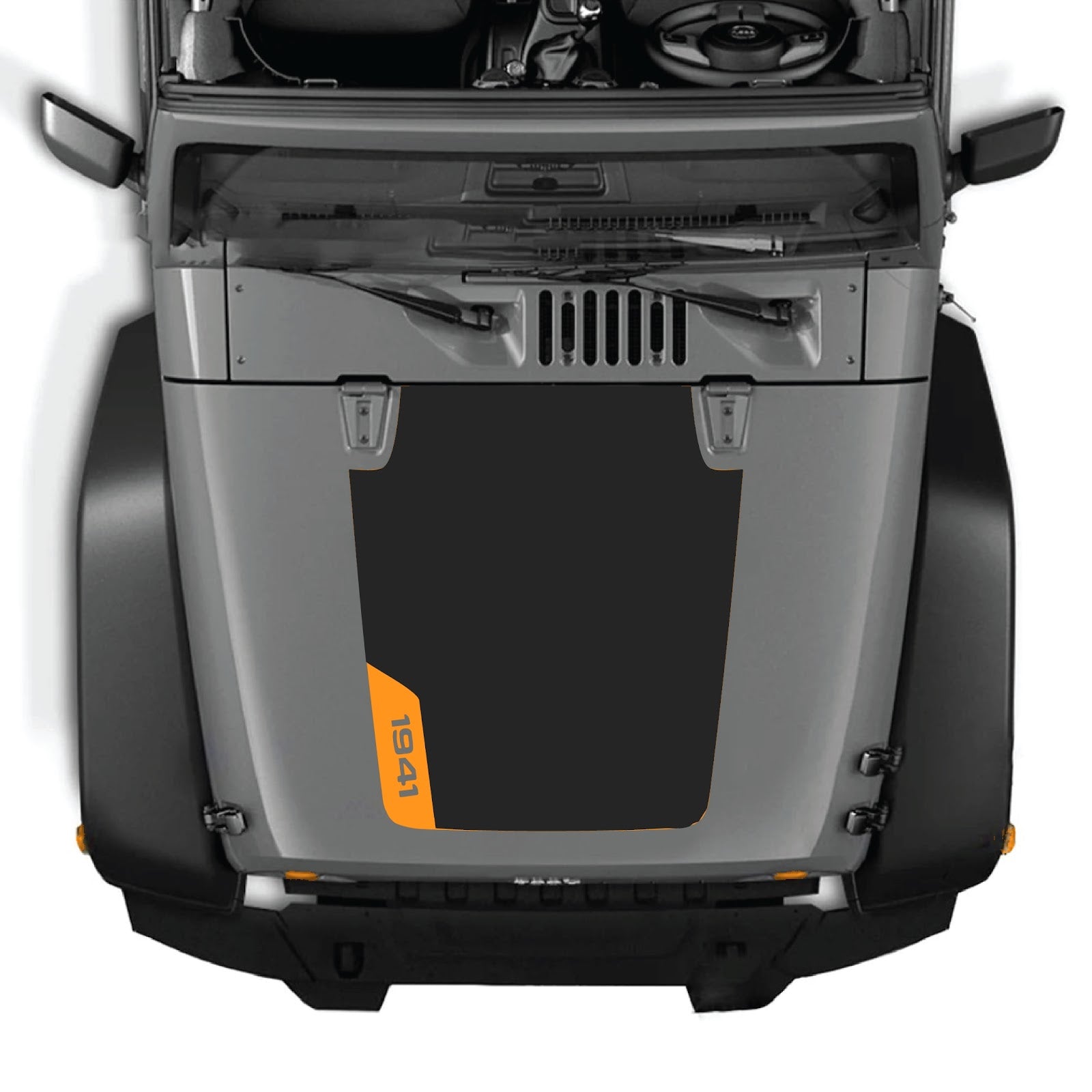 CarCode Jeep Wrangler JK/JKU hood decal in style #85, black graphic sticker on vehicle’s hood for a rugged look.