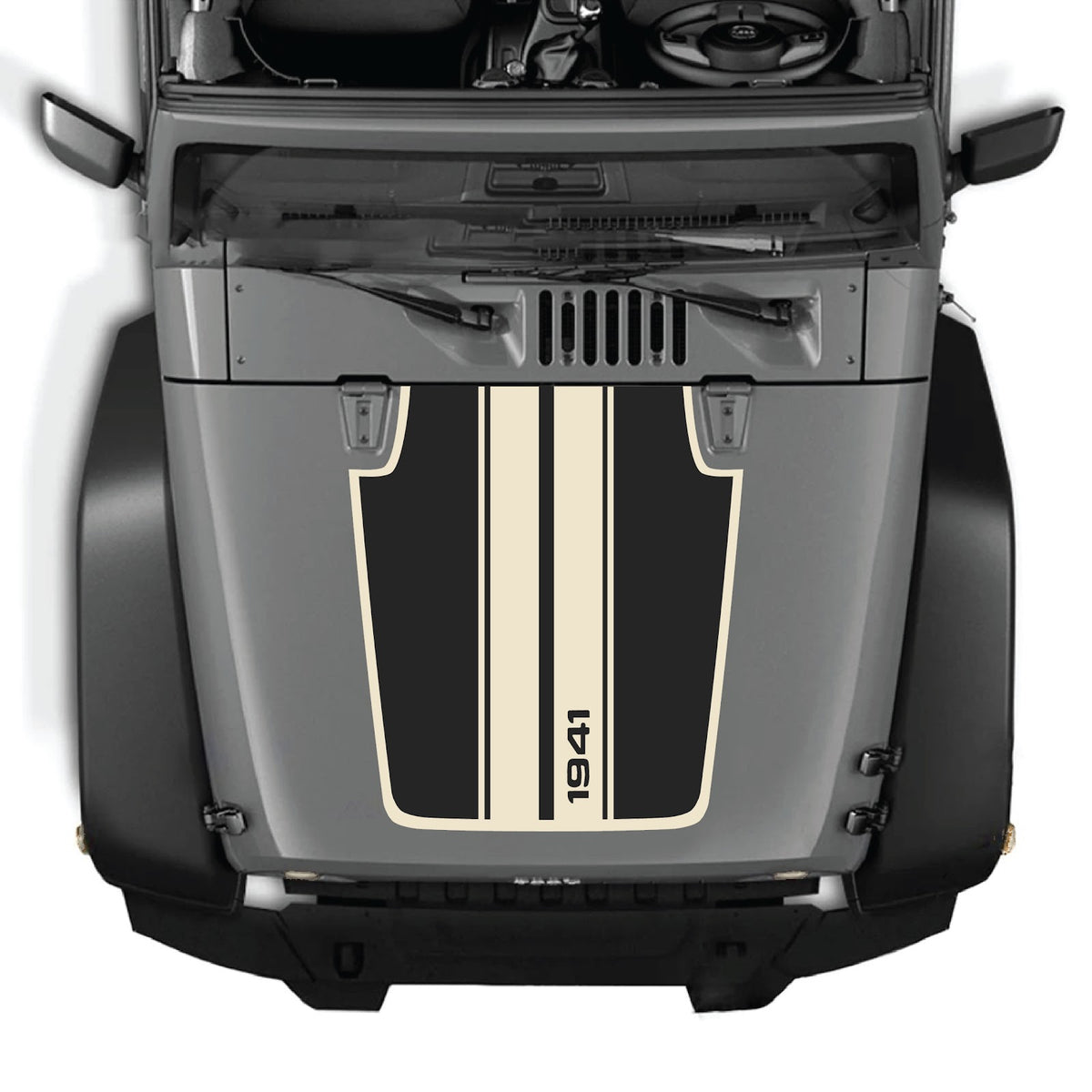 CarCode hood decal for Jeep Wrangler JK/JKU 2007-2018, Style #02, black decal design on the vehicle's hood.