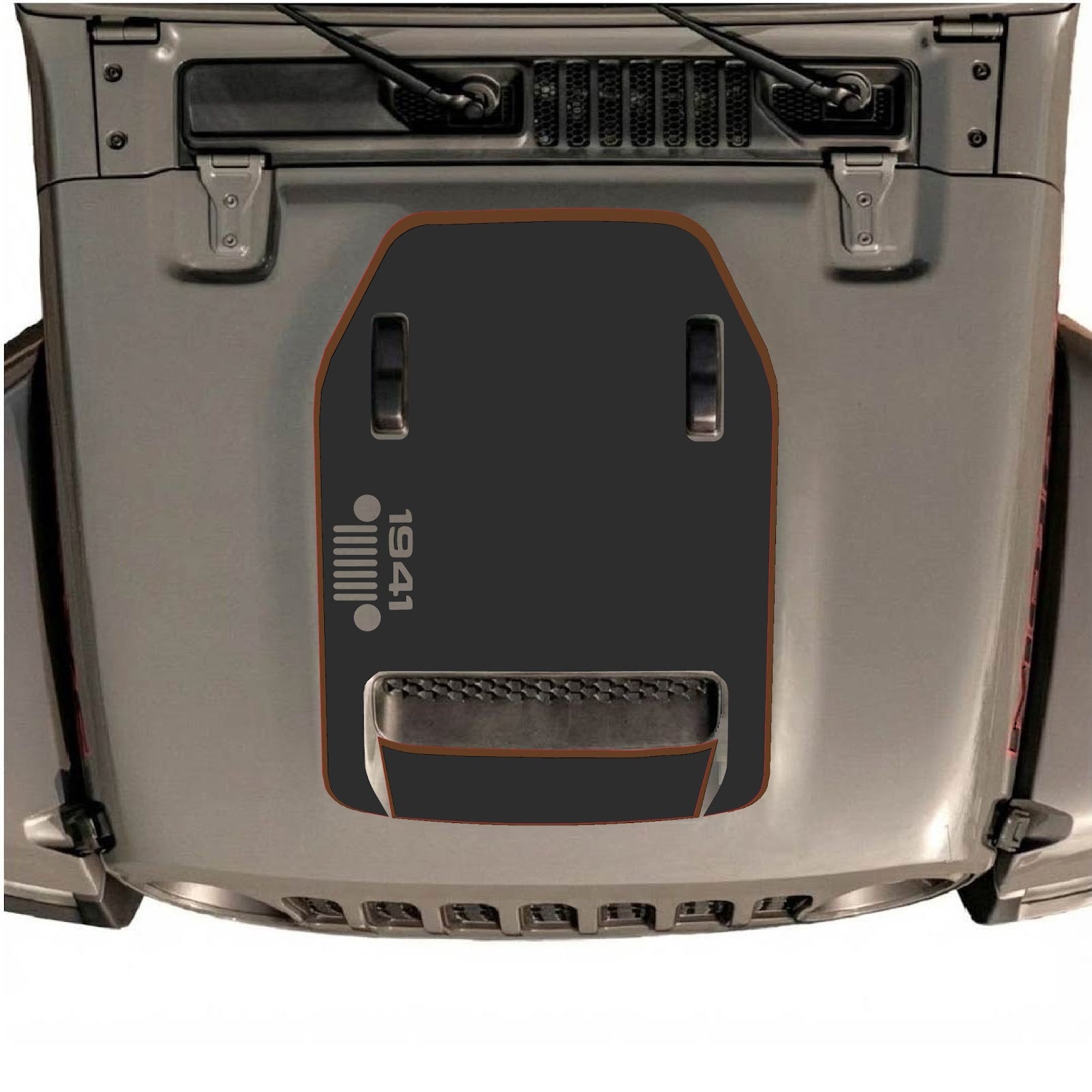 CarCode hood decal style #94 on Jeep Wrangler JL/JLU Rubicon 392 and JT Gladiator Mojave 2020-2026, showcasing bold graphic design.