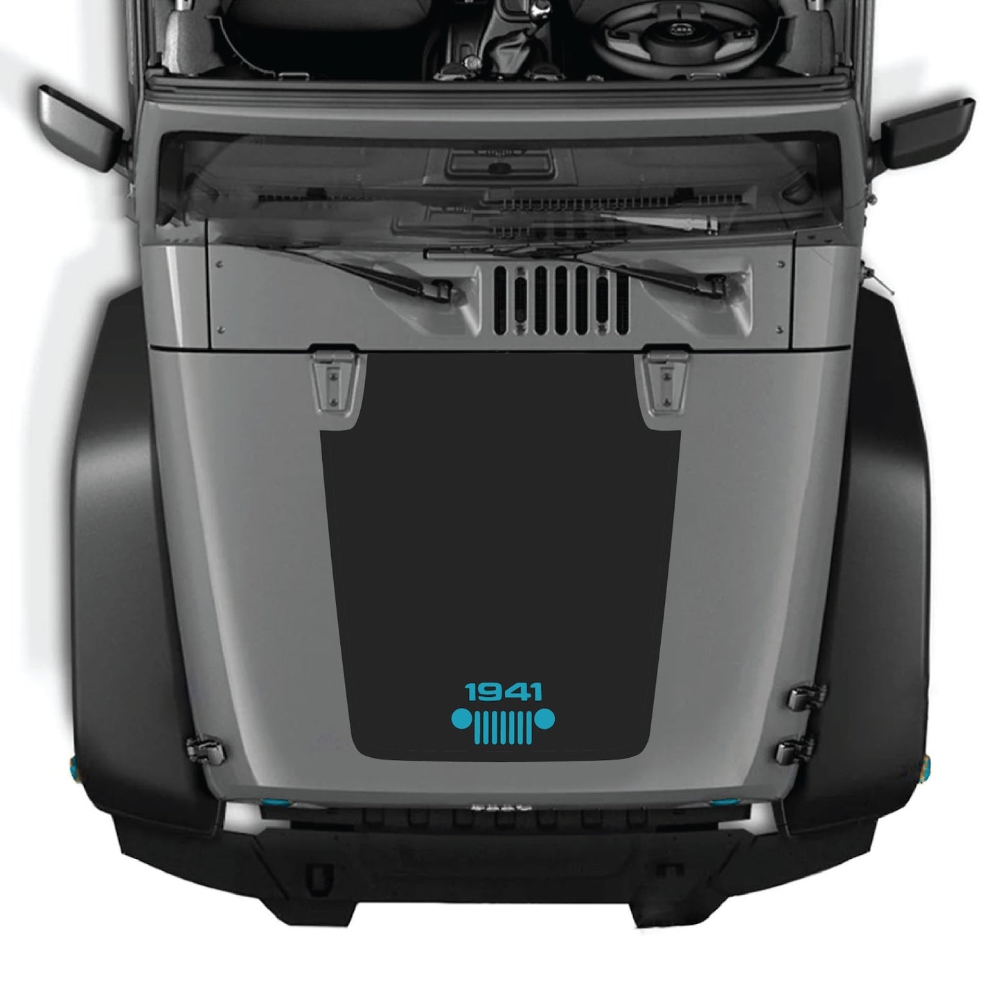 CarCode Jeep Wrangler JK/JKU hood decal style #53, black graphic sticker on white hood of 2007-2018 Jeep Wrangler.