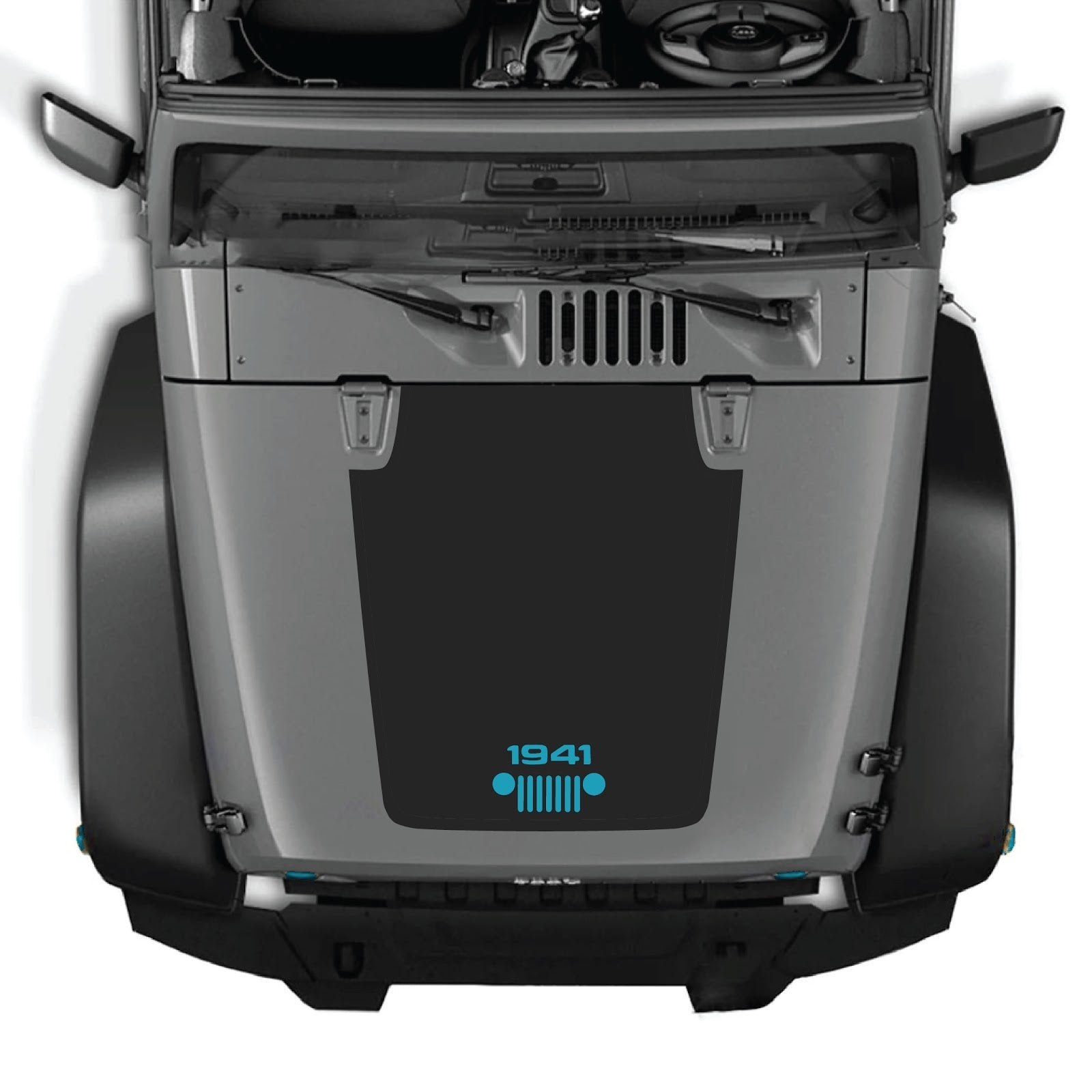 CarCode Jeep Wrangler JK/JKU hood decal style #53, black graphic sticker on white hood of 2007-2018 Jeep Wrangler.