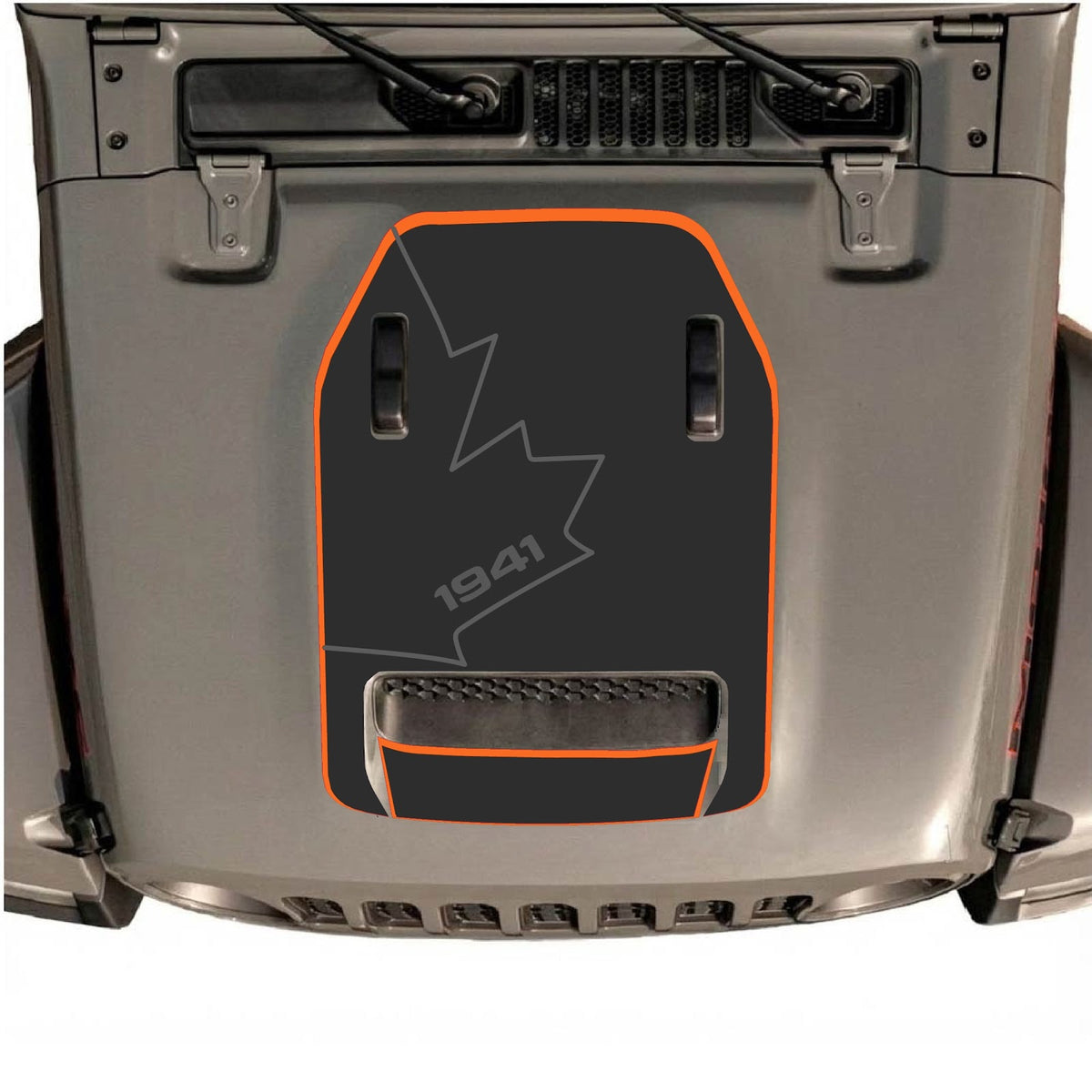 CarCode Jeep Wrangler JL/JLU Rubicon 392 and Gladiator Mojave hood decal in style #81, featuring bold graphic design on vehicle hood.
