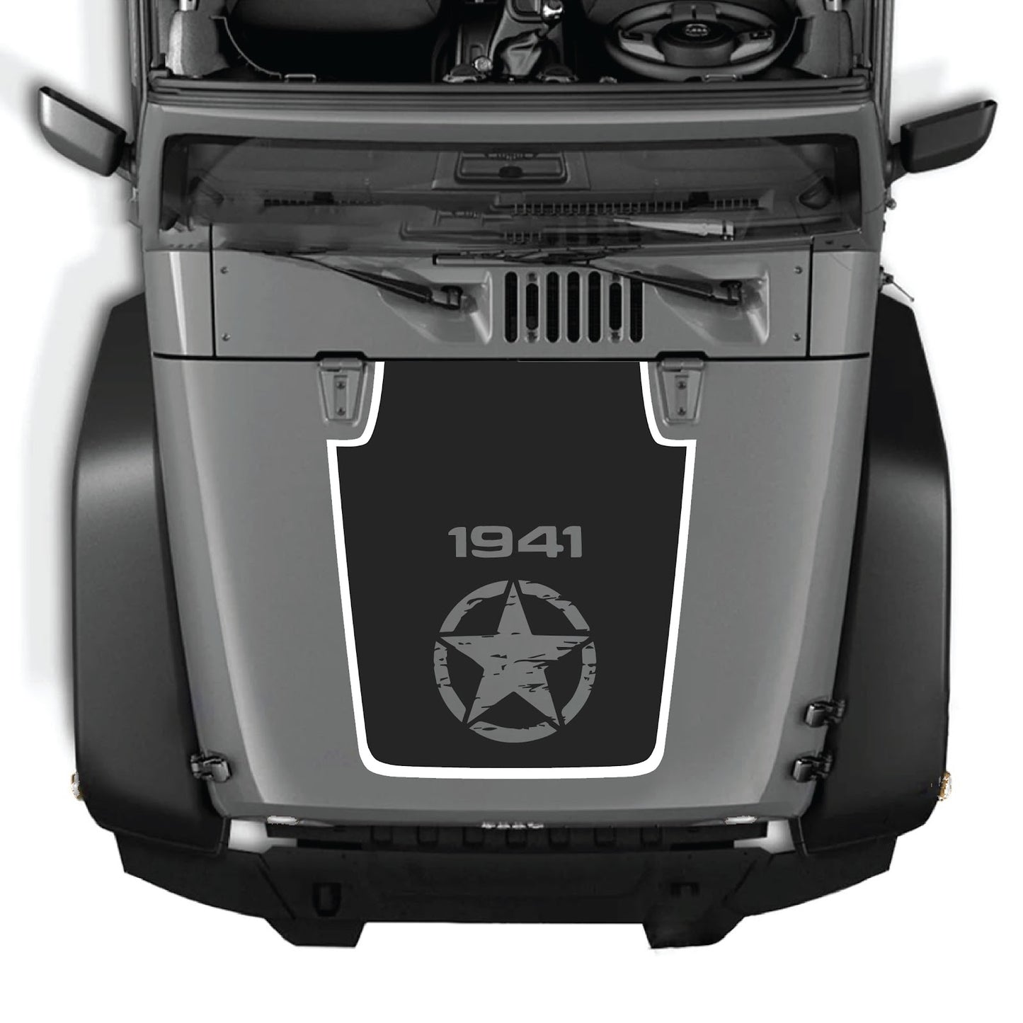 Jeep Wrangler JK/JKU hood decal by CarCode, Style #76, black and white graphic design on the vehicle hood.