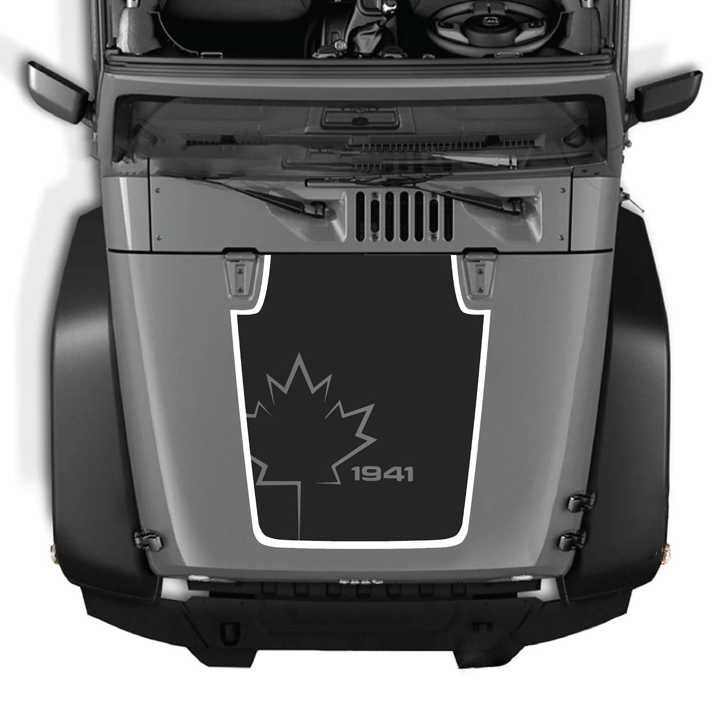 CarCode hood decal for Jeep Wrangler JK/JKU 2007-2018, style #72, black and gray design on vehicle hood.