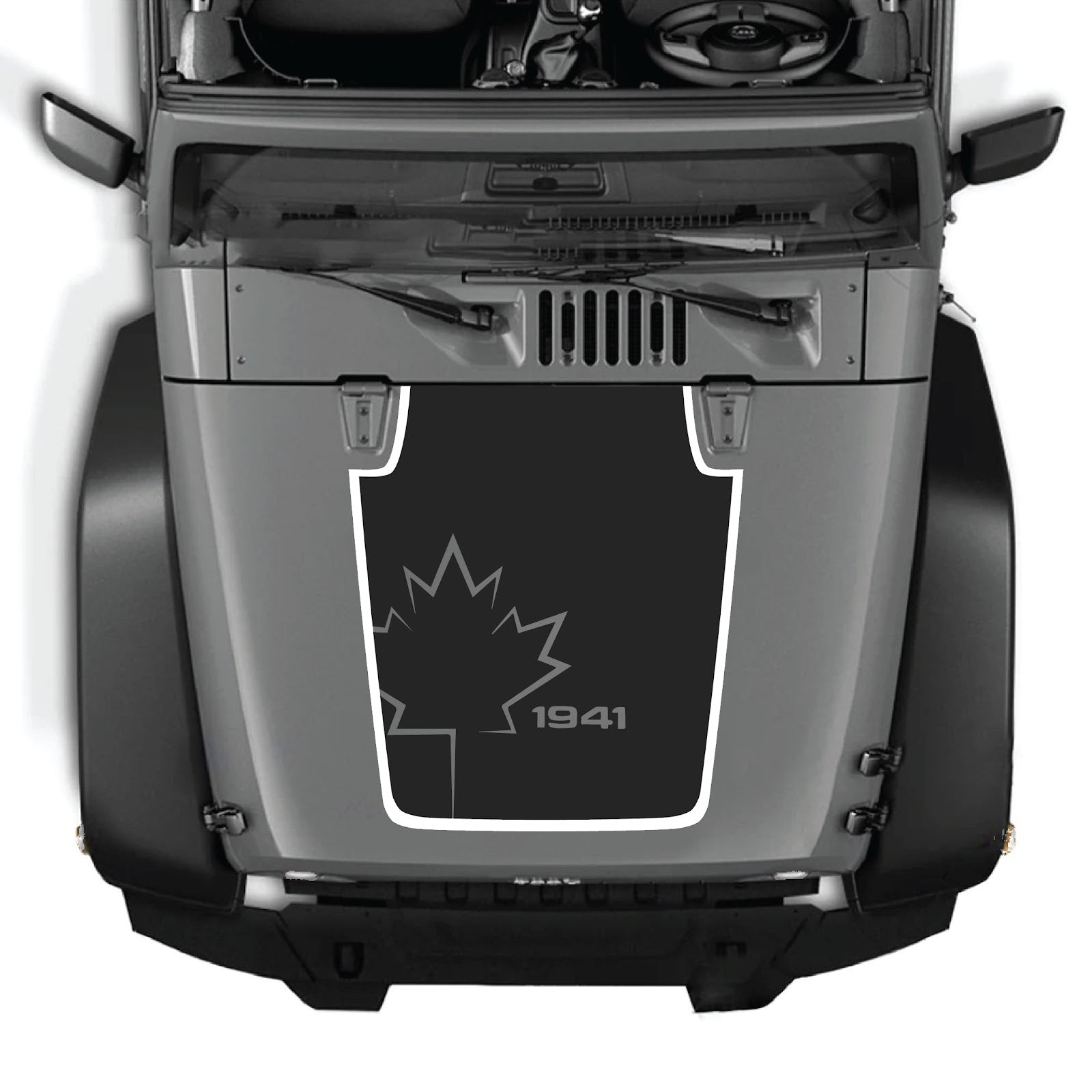 CarCode hood decal for Jeep Wrangler JK/JKU 2007-2018, style #72, black and gray design on vehicle hood.