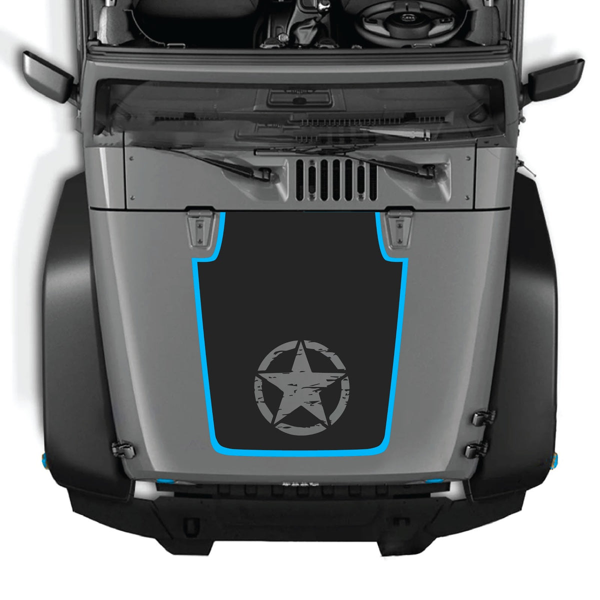 CarCode Jeep Wrangler JK/JKU hood decal Style #75, black graphic sticker on gray hood with off-road environment in background