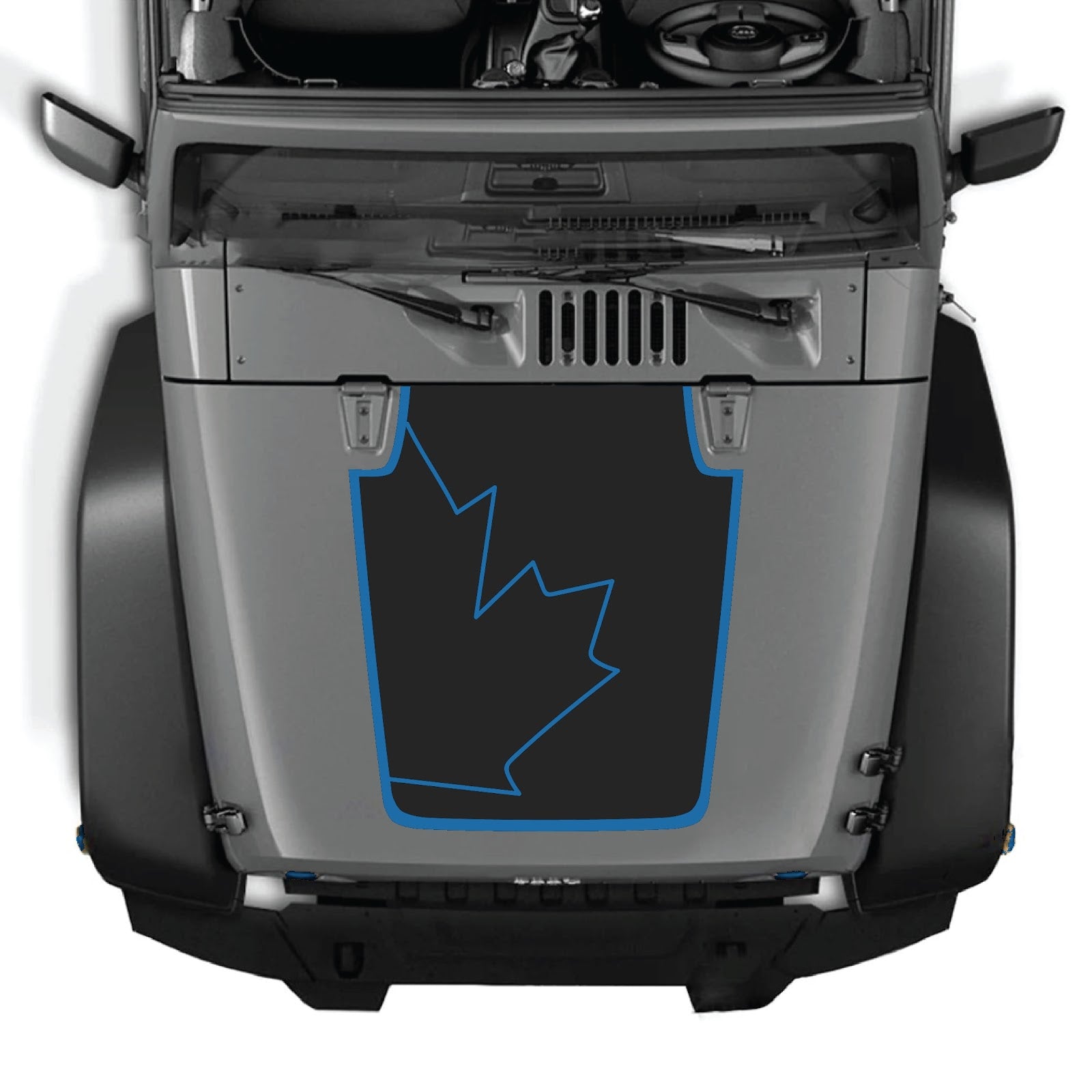 CarCode hood decal for Jeep Wrangler JK/JKU 2007-2018, style #15, shown on the vehicle's hood with bold black and white design