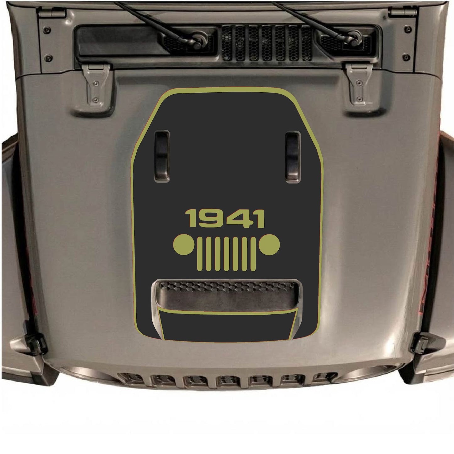 Black hood decal for Jeep Wrangler JL/JLU Rubicon 392 and JT Gladiator Mojave by CarCode, shown on vehicle hood.