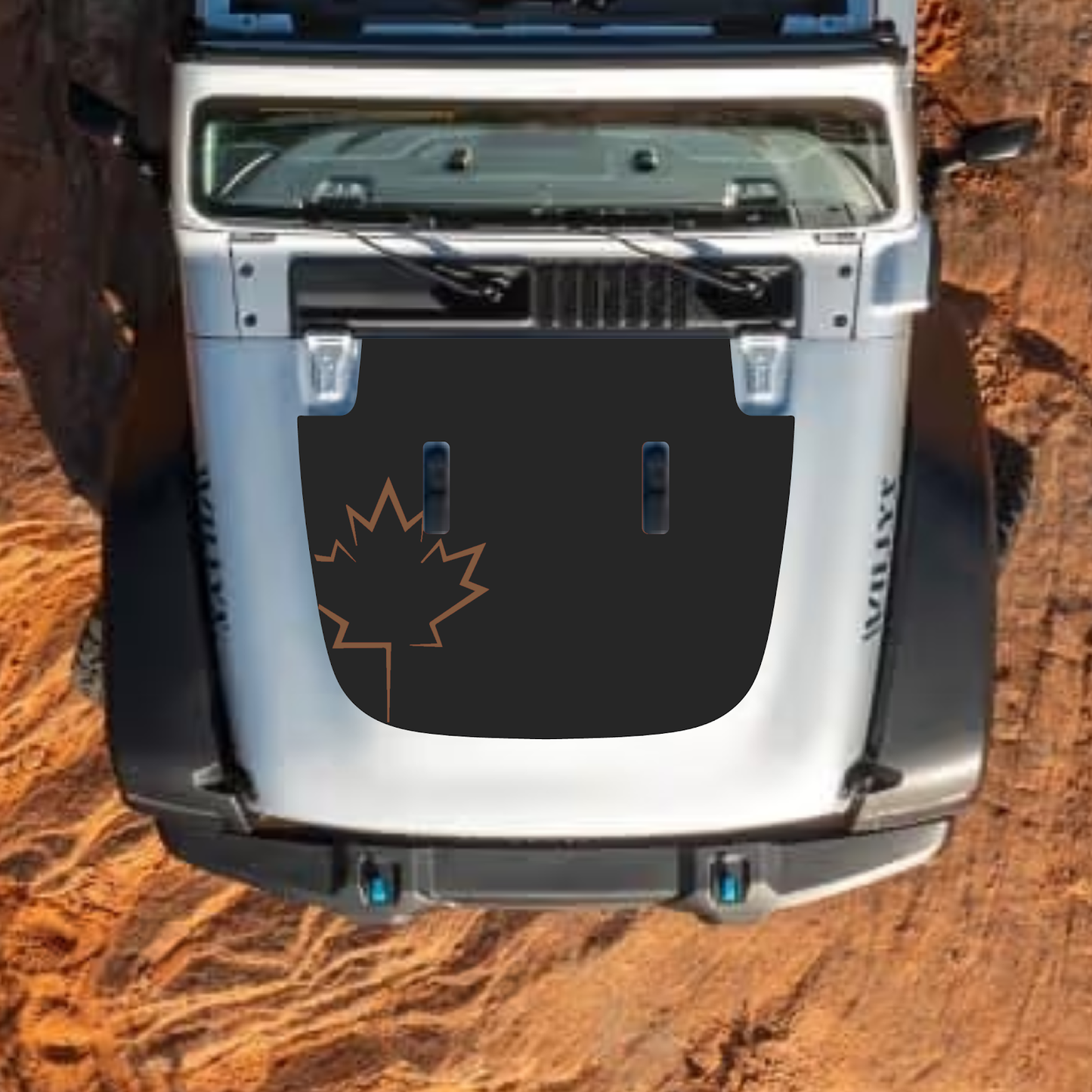 CarCode hood decal for Jeep Wrangler JL, JLU, Gladiator JT, standard hood, style #13, black graphic design on vehicle hood
