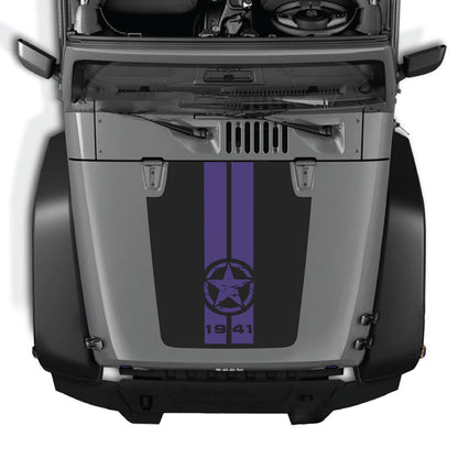 CarCode hood decal for Jeep Wrangler JK/JKU 2007-2018, style #62, shown on the vehicle's hood with bold design and black finish.
