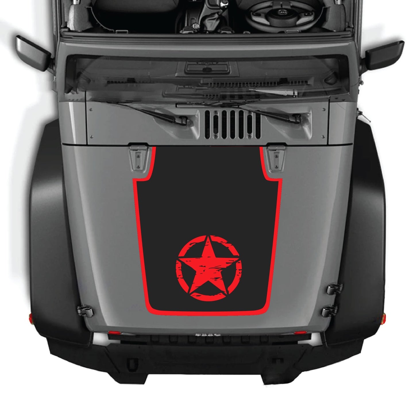 Jeep Wrangler JK/JKU hood decal by CarCode, style #21, black graphic design on the hood of a 2007-2018 model Jeep Wrangler.