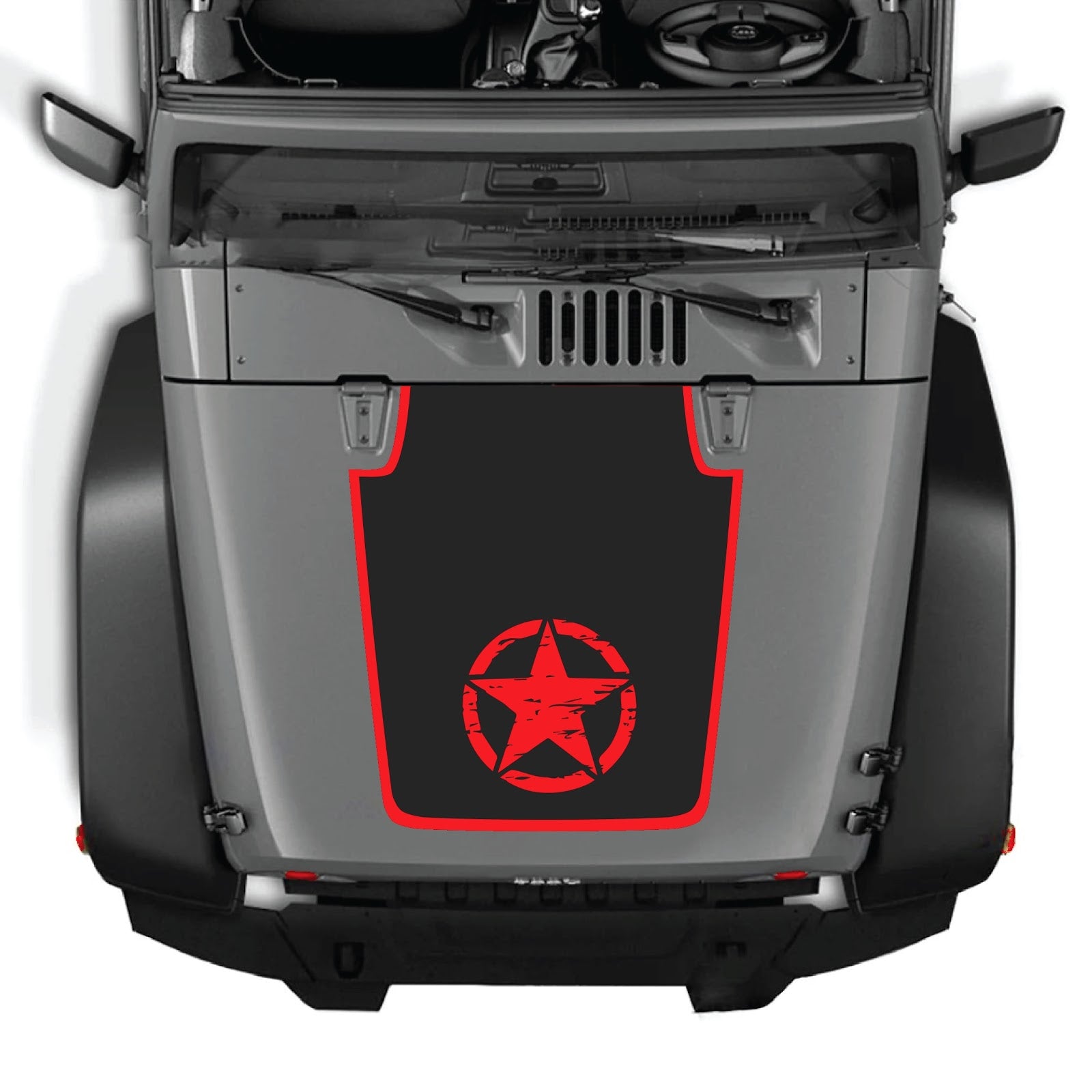 Jeep Wrangler JK/JKU hood decal by CarCode, style #21, black graphic design on the hood of a 2007-2018 model Jeep Wrangler.