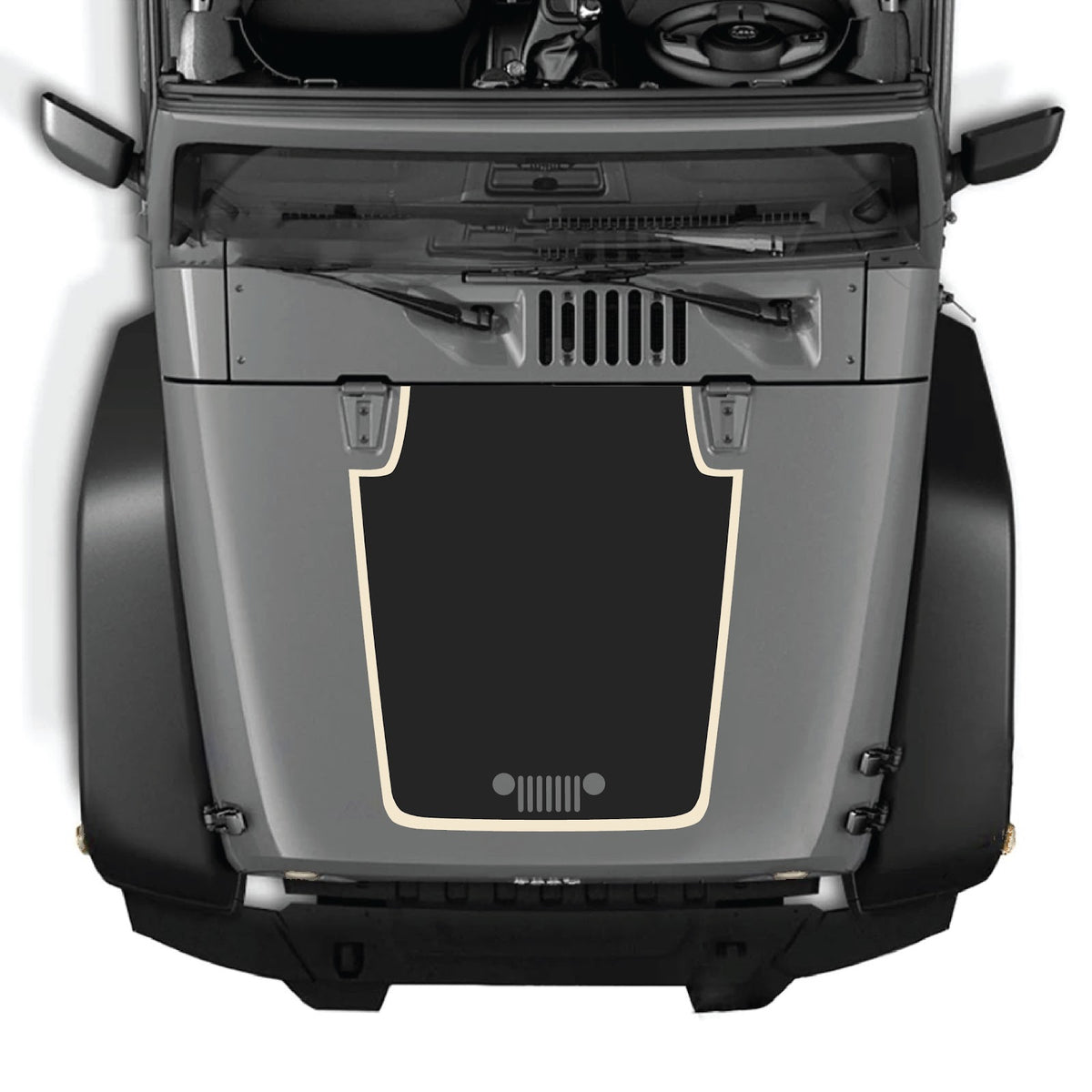 CarCode Jeep Wrangler JK/JKU hood decal Style #93, black graphic sticker on hood of 2007-2018 Jeep Wrangler model