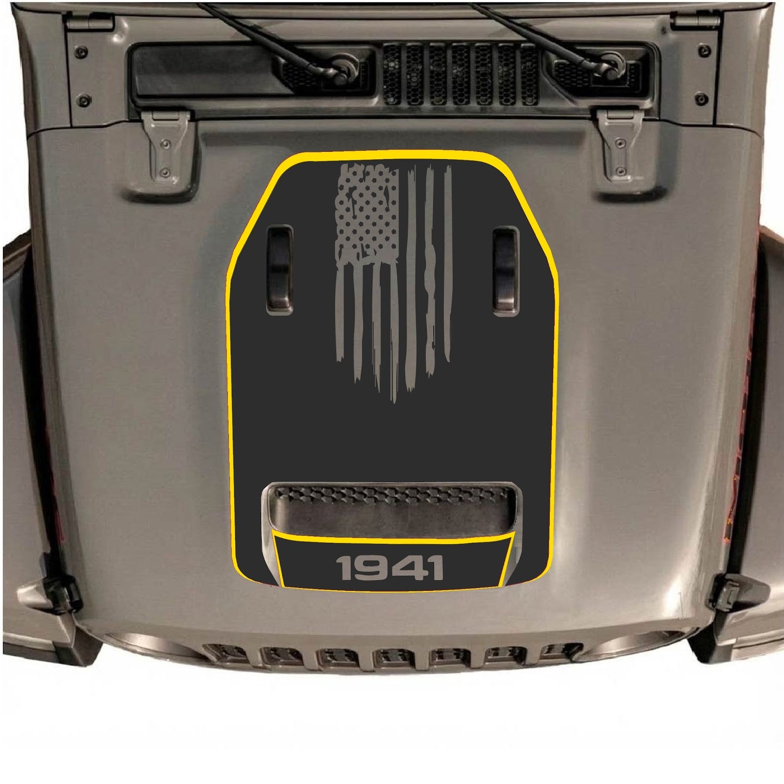 CarCode Jeep Wrangler JL/JLU Rubicon 392 and Gladiator Mojave hood decal, style #83, black graphic design on vehicle hood