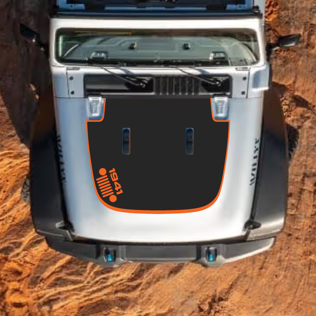 CarCode hood decal for Jeep Wrangler JL, JLU, Gladiator JT, standard 2018+ style, black graphic on hood surface.