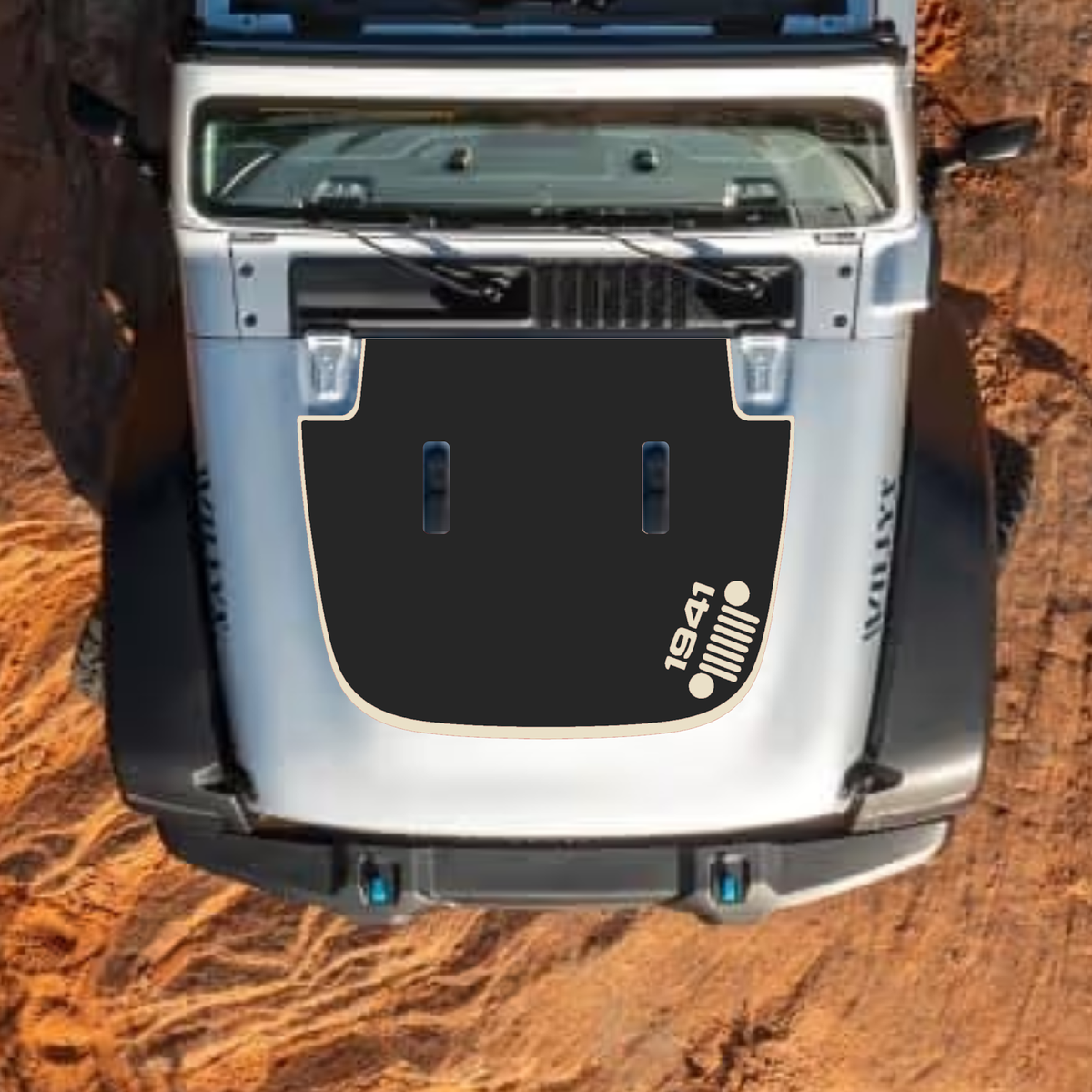 CarCode hood decal for Jeep Wrangler JL, JLU, Gladiator JT, standard hood style, 2018+ vehicle, stylish automotive design.