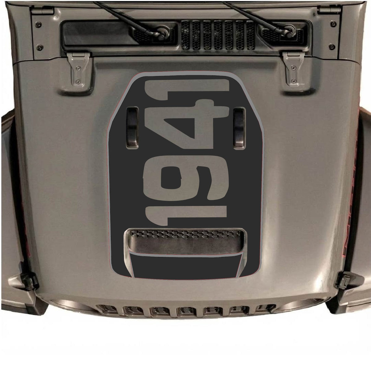 CarCode Jeep Wrangler JL/JLU Rubicon 392 and JT Gladiator Mojave hood decal, style #68, black and silver design on vehicle hood.