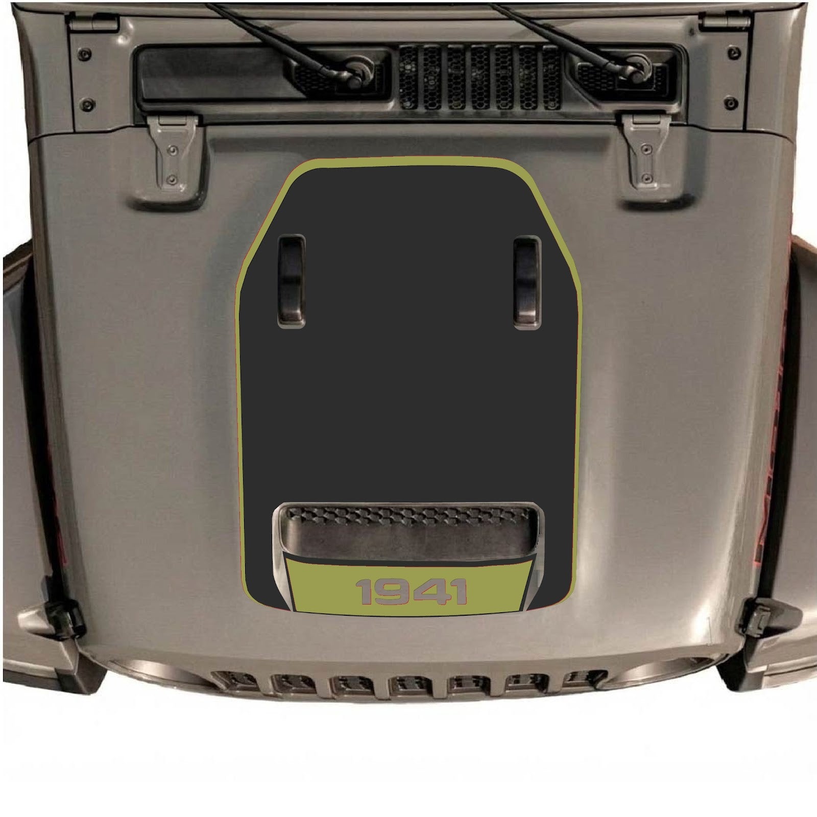 Jeep Wrangler JL/JLU Rubicon 392 and Gladiator Mojave hood decal by CarCode, style #100, shown on vehicle hood in close-up image.