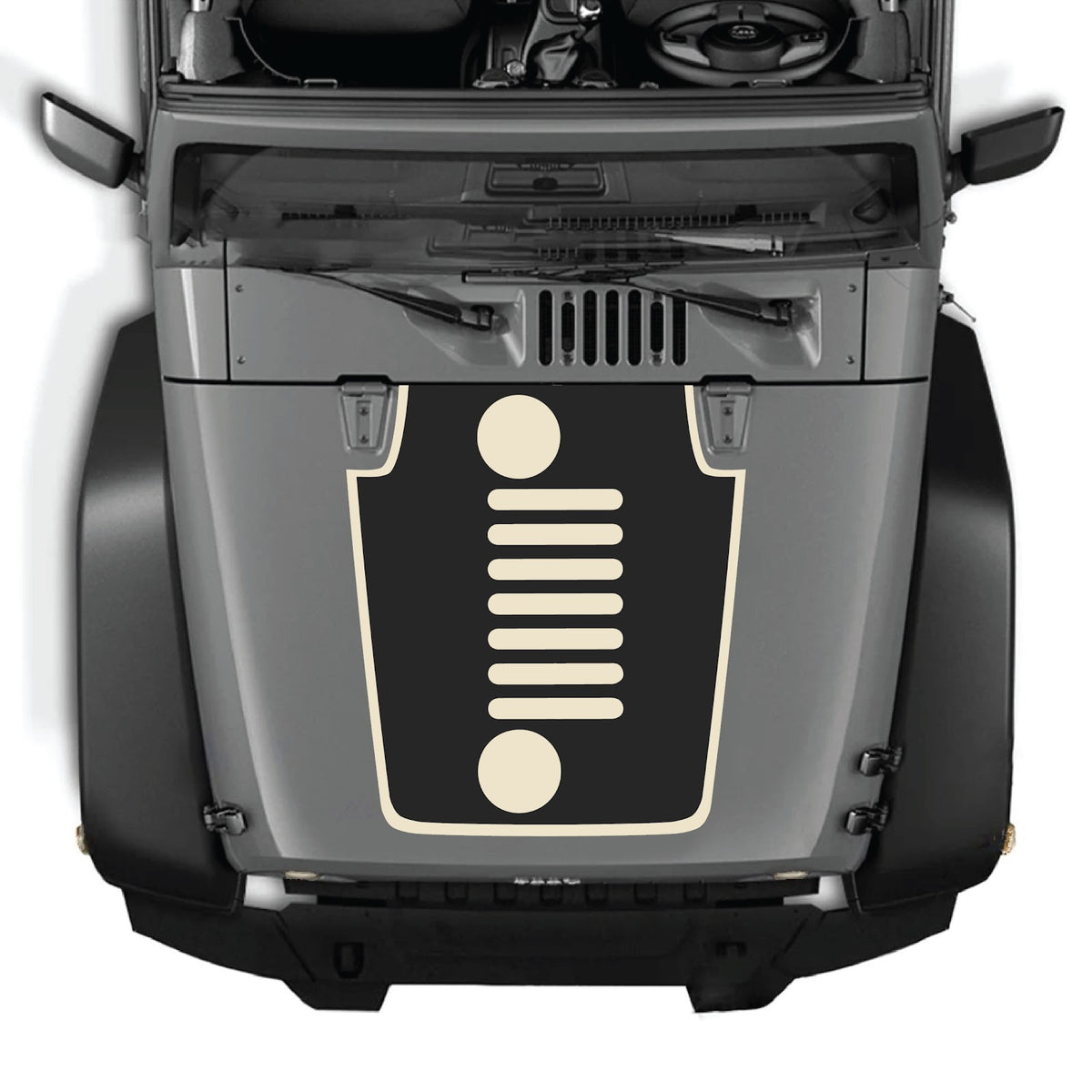 CarCode hood decal for Jeep Wrangler JK/JKU 2007-2018, style #50, black and gray graphic design on vehicle's hood.