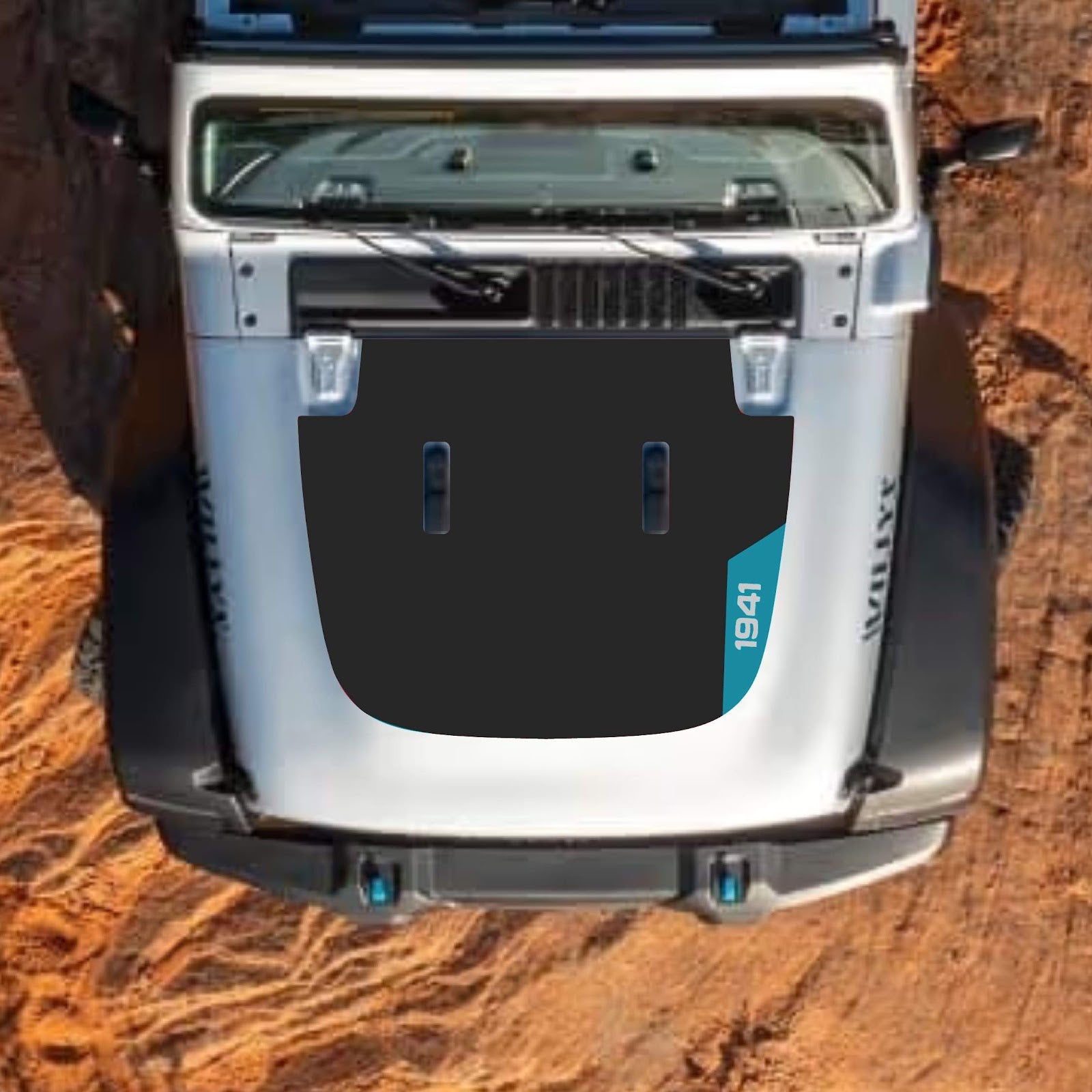 CarCode Jeep Wrangler JL and Gladiator JT hood decal in style #100, black graphic design on standard hood for 2018+ models.