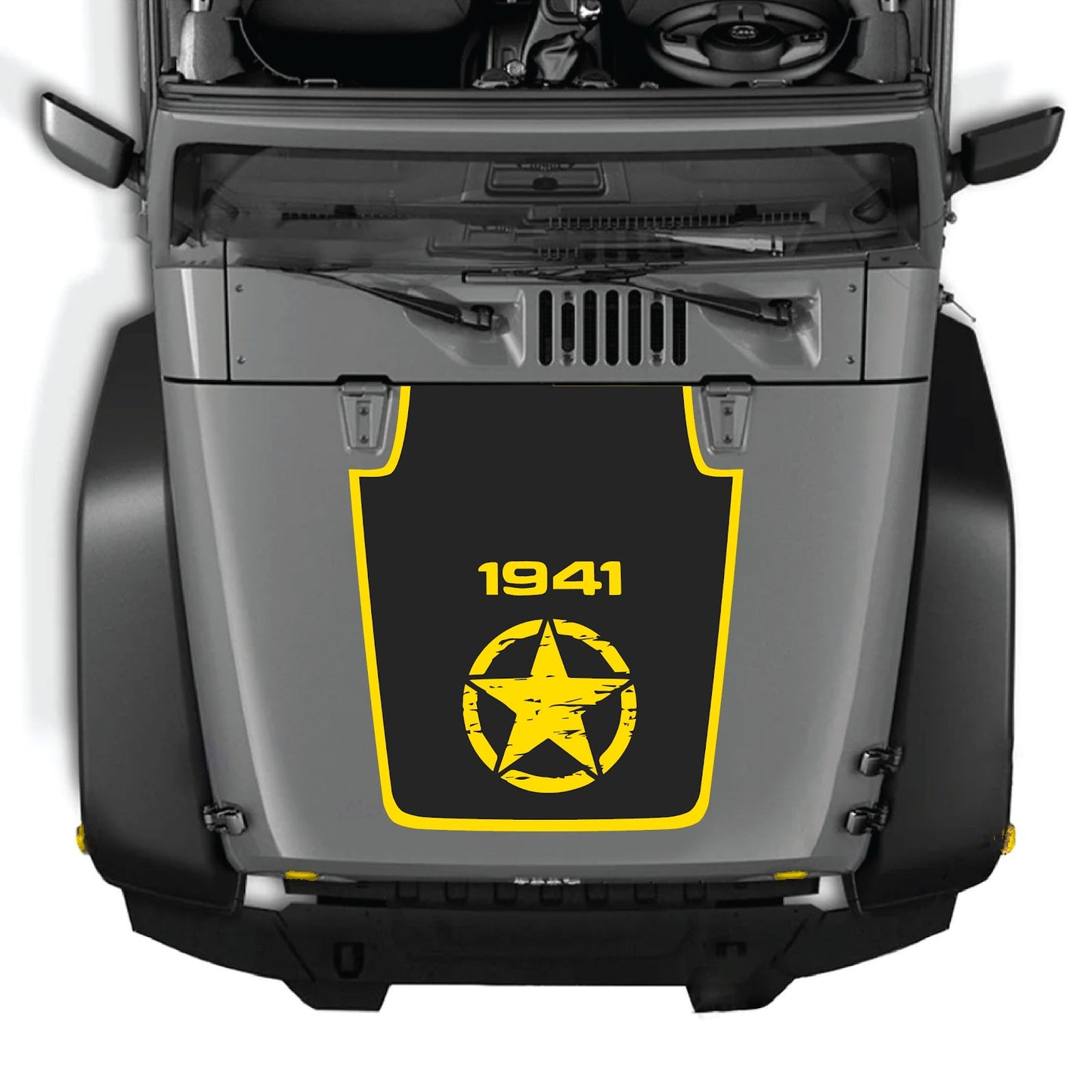 CarCode Jeep Wrangler JK/JKU hood decal in style #22, black and gray graphic design on vehicle hood, 2007-2018 model.