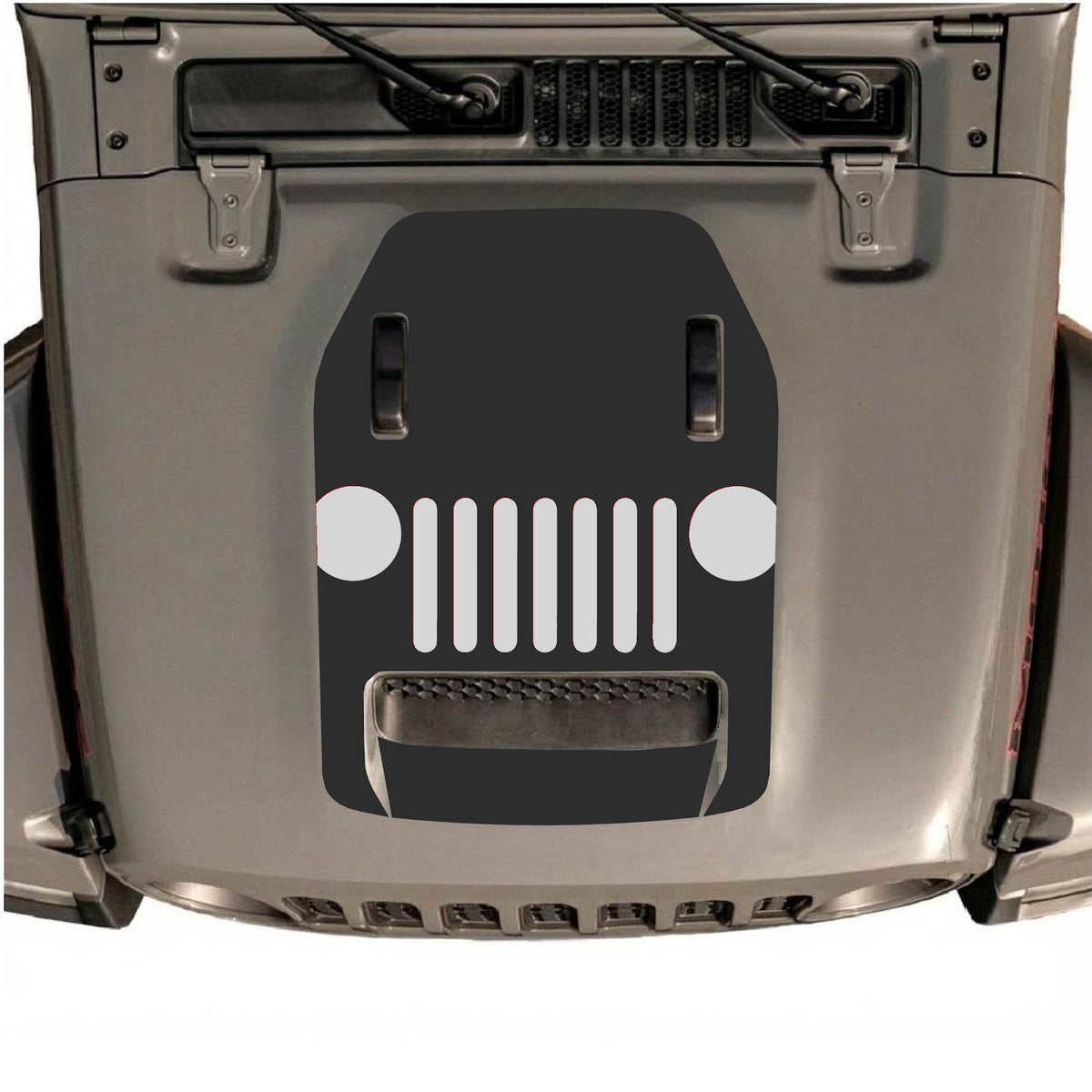 CarCode hood decal for Jeep Wrangler JL/JLU Rubicon 392 and JT Gladiator Mojave, style #04, black graphic design on hood.