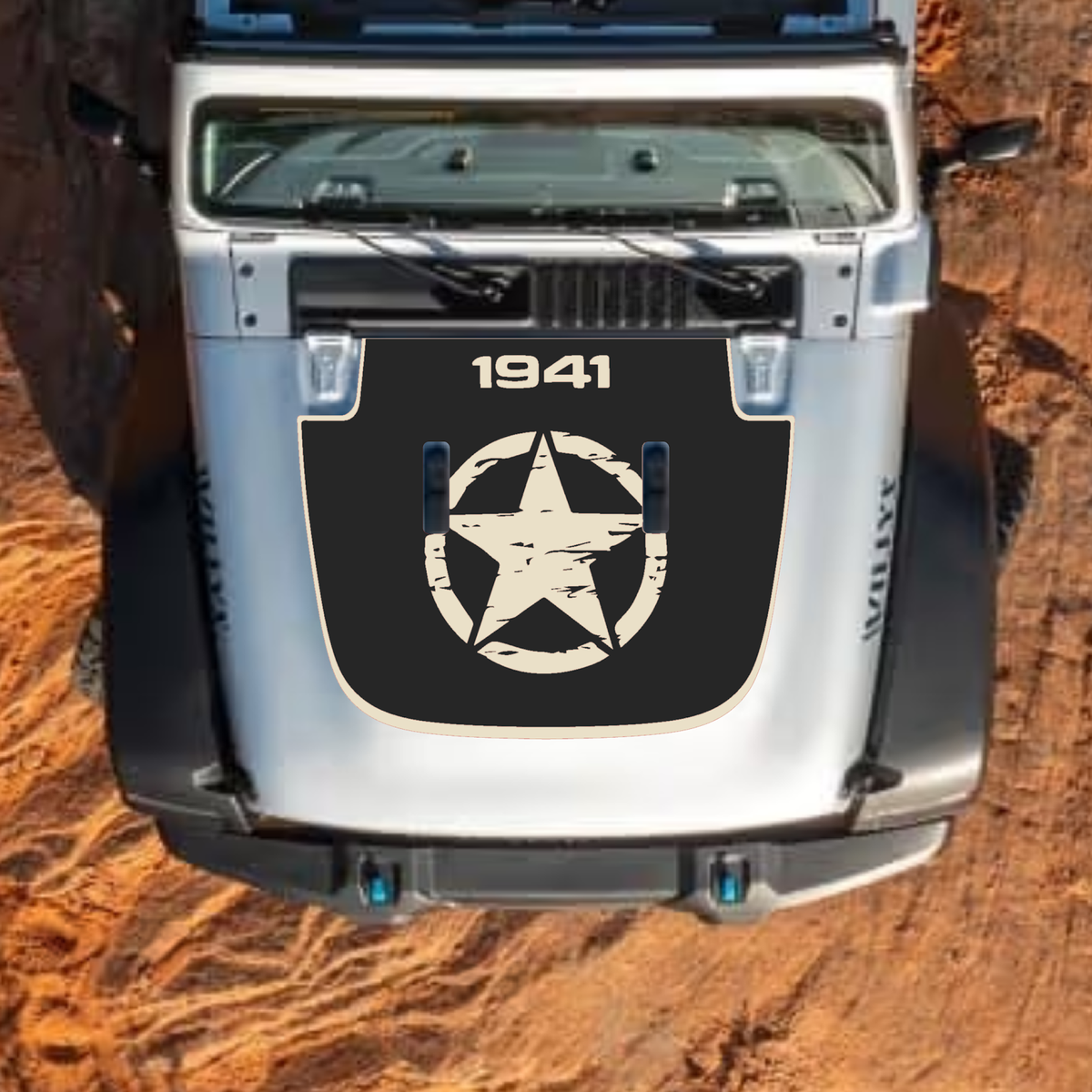 CarCode hood decal for Jeep Wrangler JL, JLU, Gladiator JT, style #26, black and gray design on standard Jeep hood.