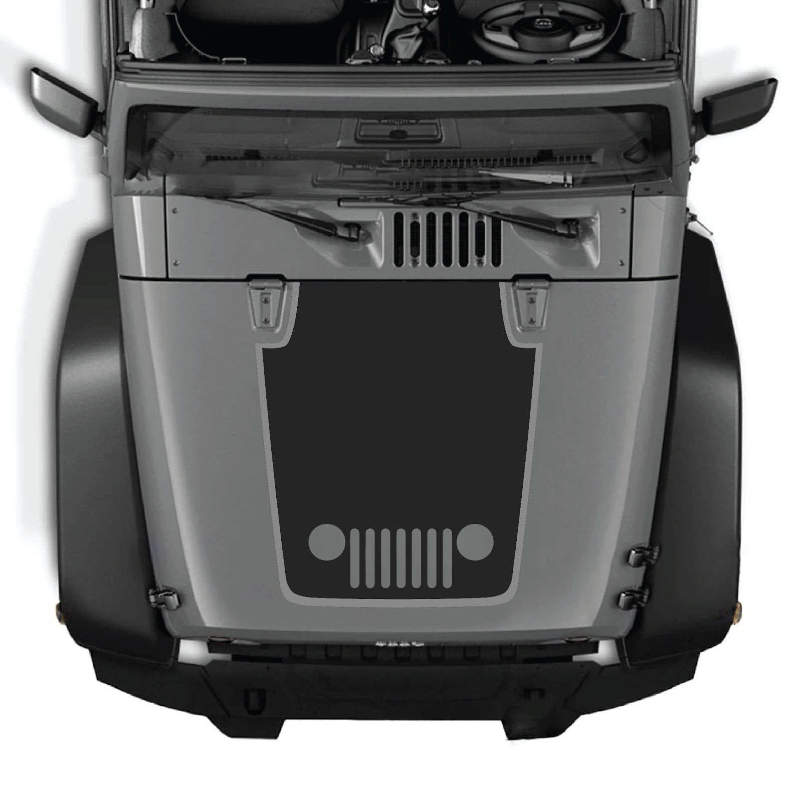 CarCode hood decal for Jeep Wrangler JK/JKU 2007-2018, Style #80, black and white graphic design on vehicle hood.