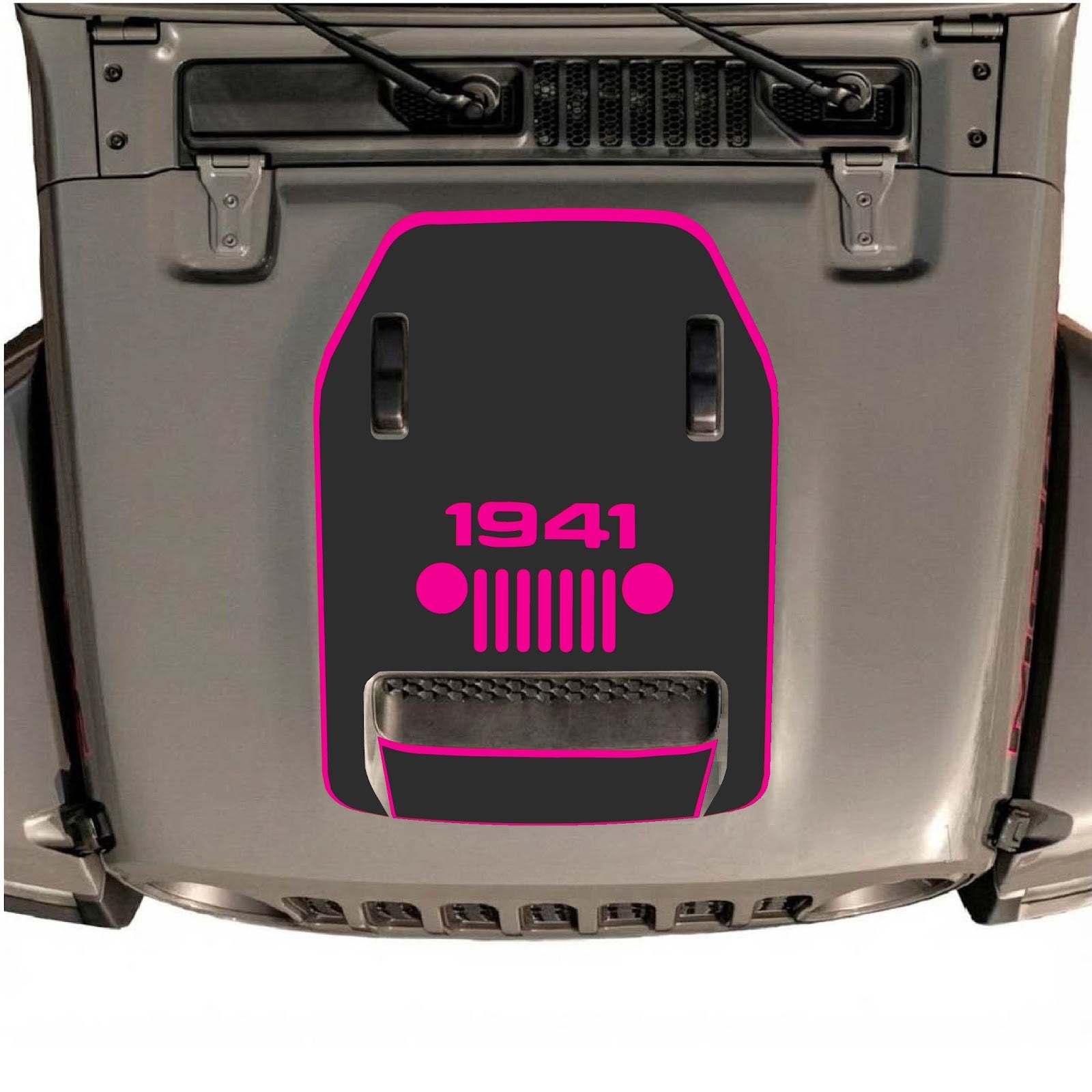 Jeep Wrangler JL/JLU Rubicon 392 or Gladiator Mojave hood decal by CarCode, style #47, shown on vehicle hood in black and gray.