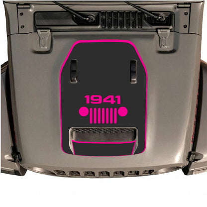 Jeep Wrangler JL/JLU Rubicon 392 or Gladiator Mojave hood decal by CarCode, style #47, shown on vehicle hood in black and gray.