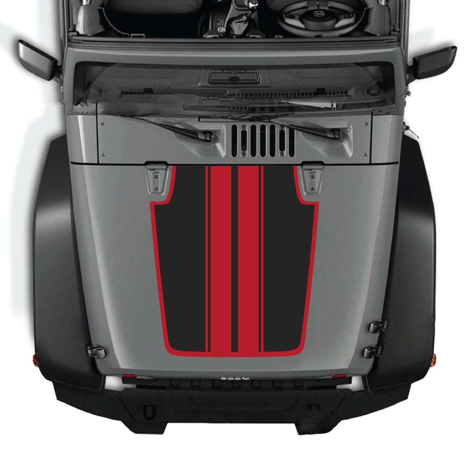 Jeep Wrangler JK/JKU hood decal by CarCode, style #44, in black with graphic design on the hood of a 2007-2018 model.