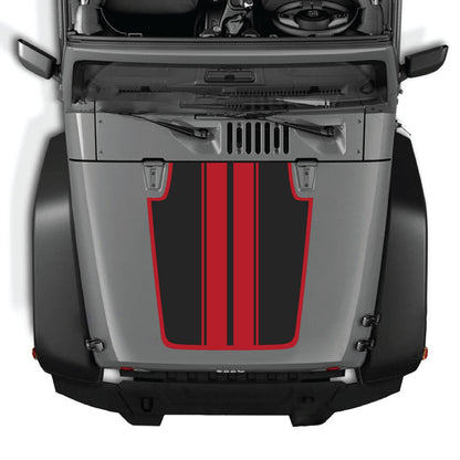 Jeep Wrangler JK/JKU hood decal by CarCode, style #44, in black with graphic design on the hood of a 2007-2018 model.